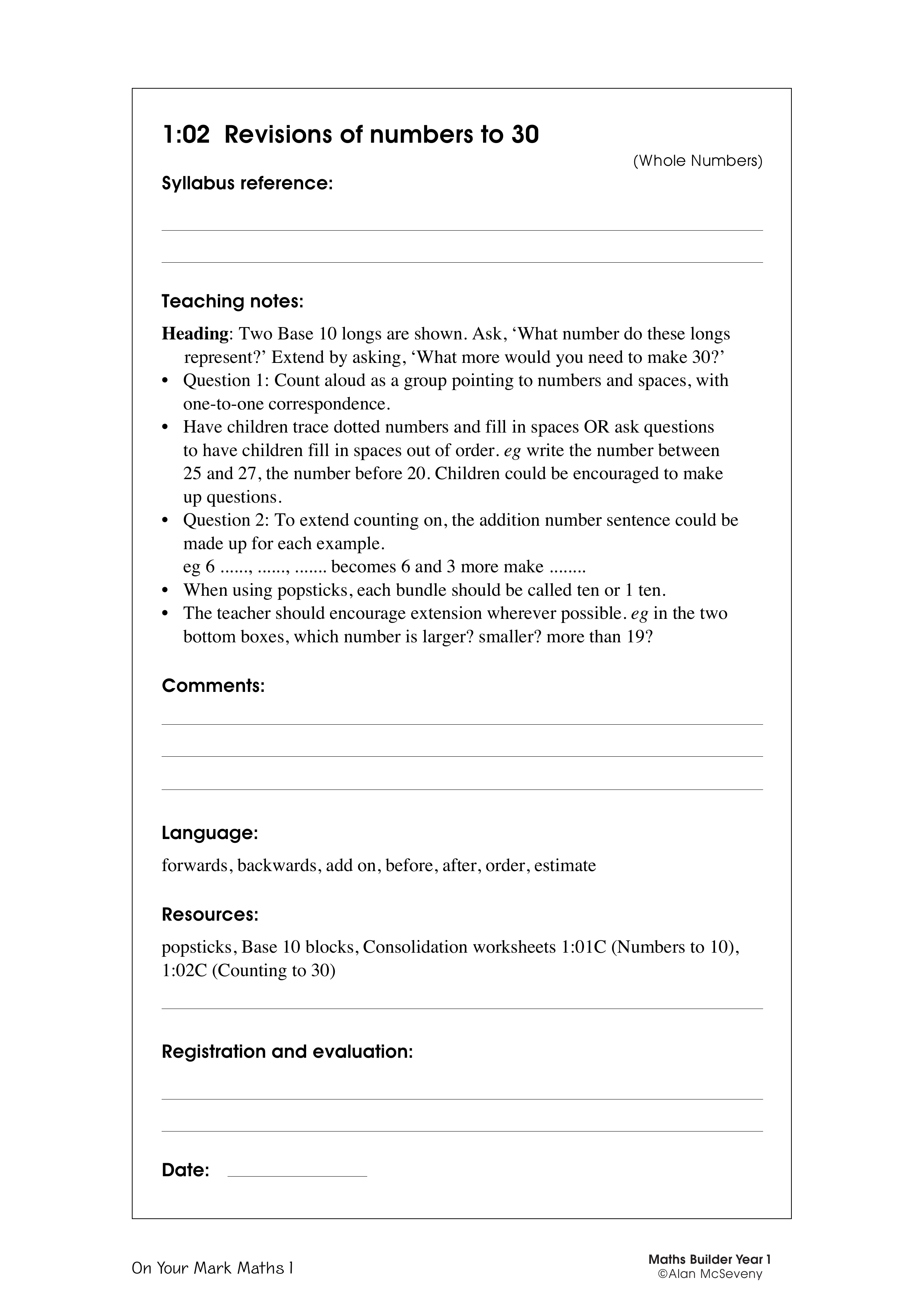 Revisions of numbers to 30 — worksheet preview