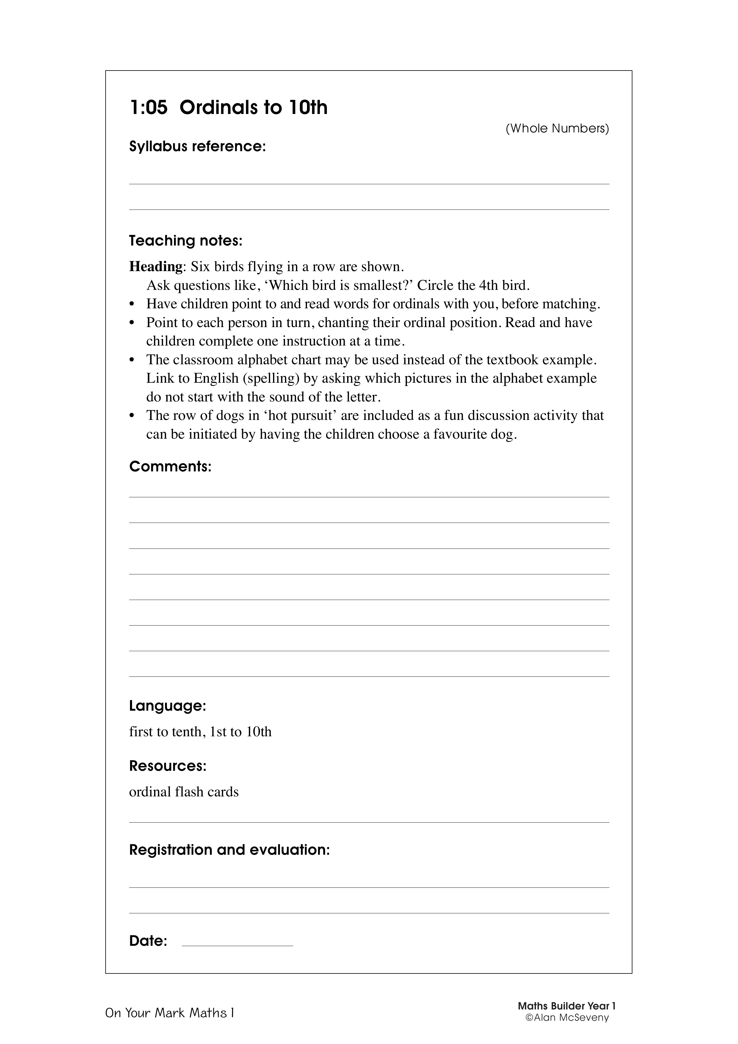 Ordinals to 10th — worksheet preview