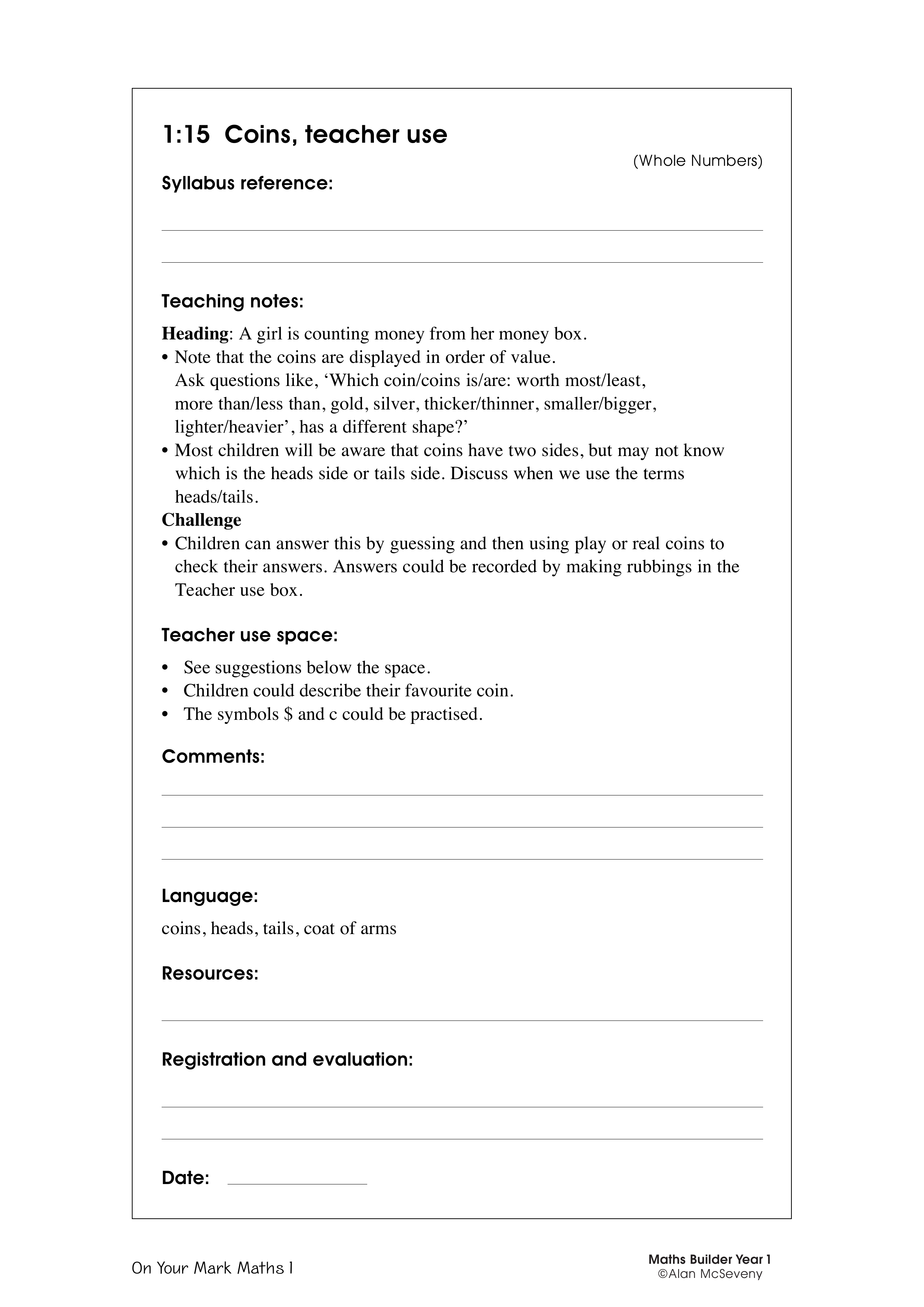 Coins, teacher use — worksheet preview