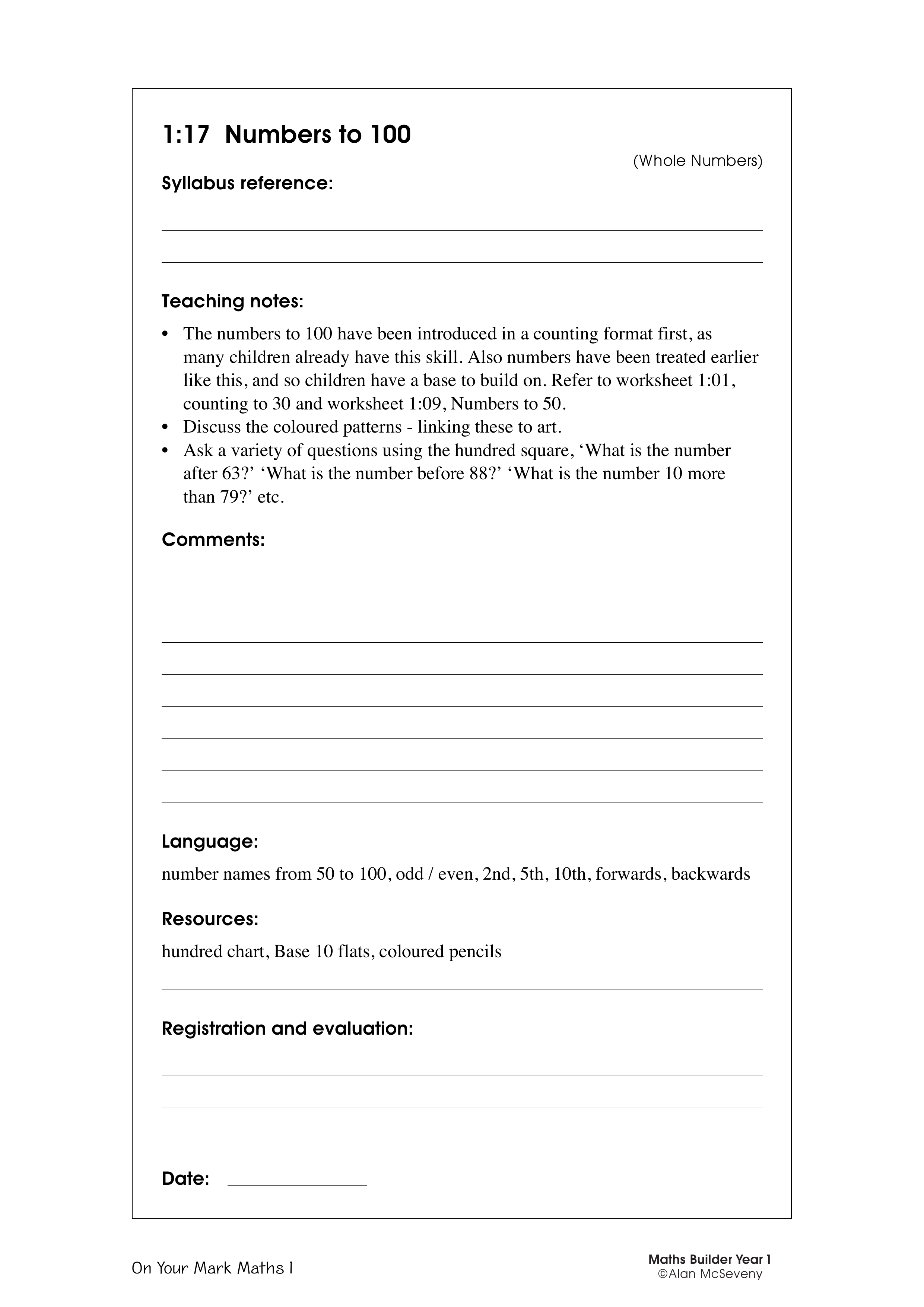 Numbers to 100 — worksheet preview