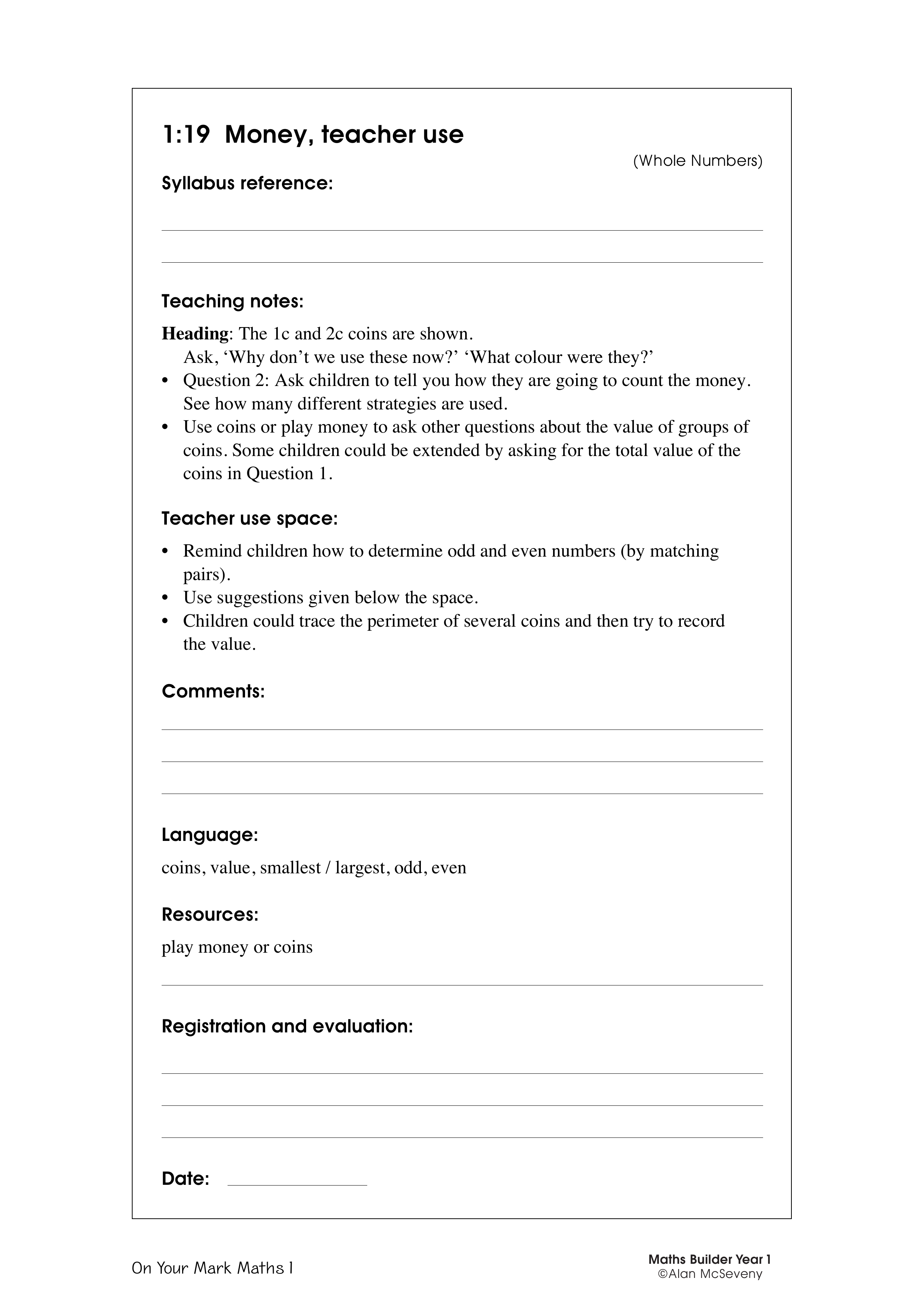 Money, teacher use — worksheet preview