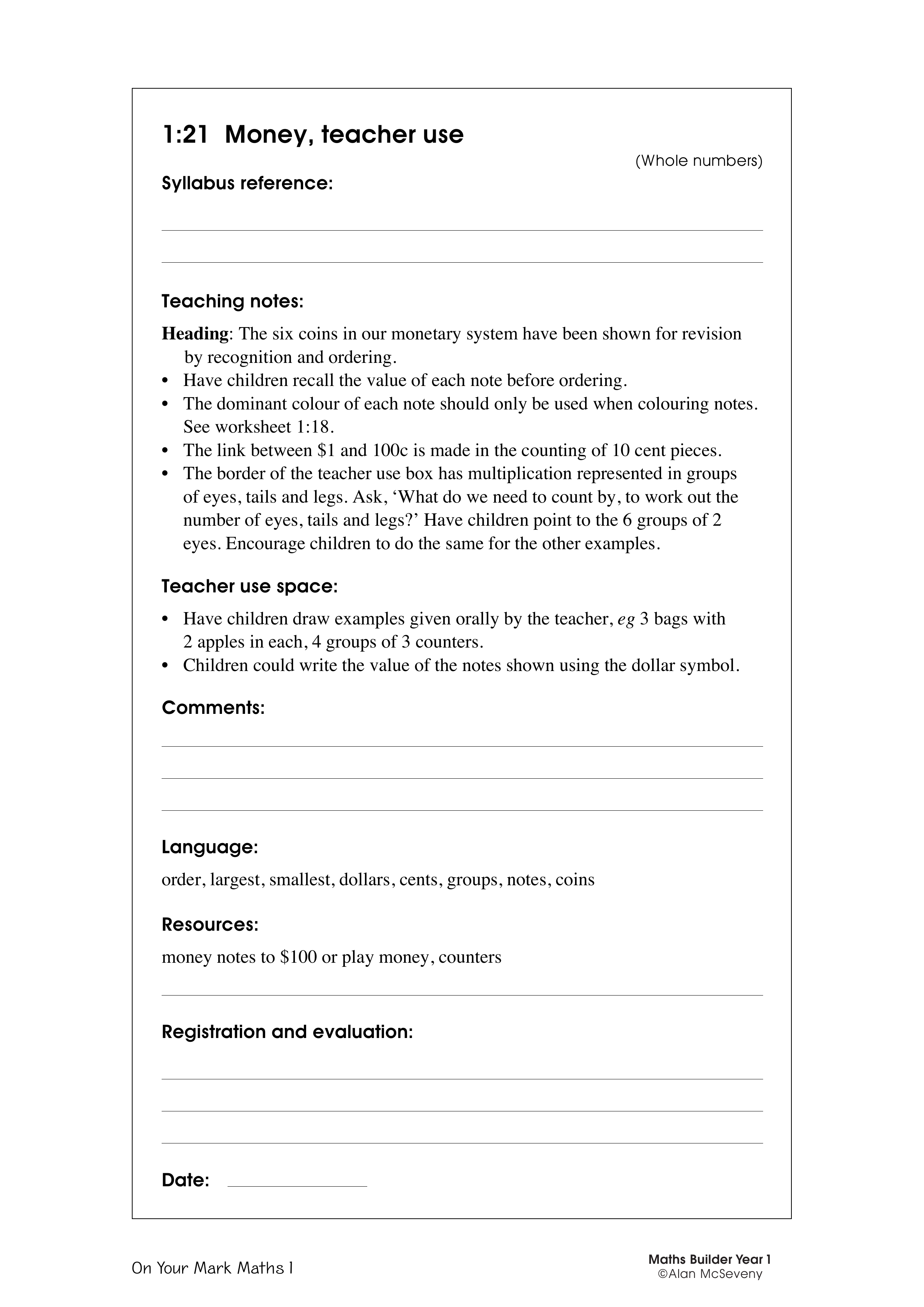 Money, teacher use — worksheet preview