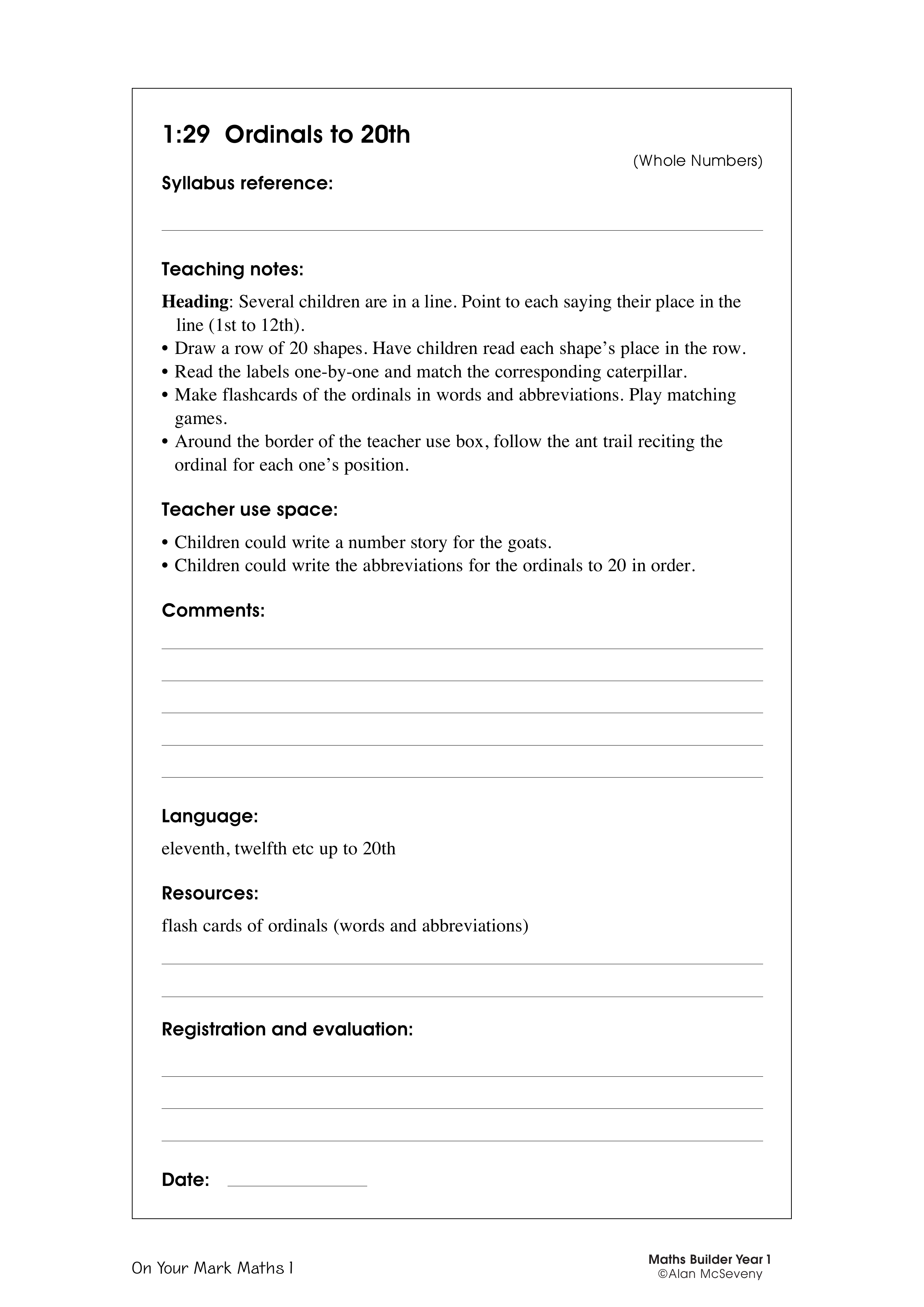 Ordinals to 20th — worksheet preview