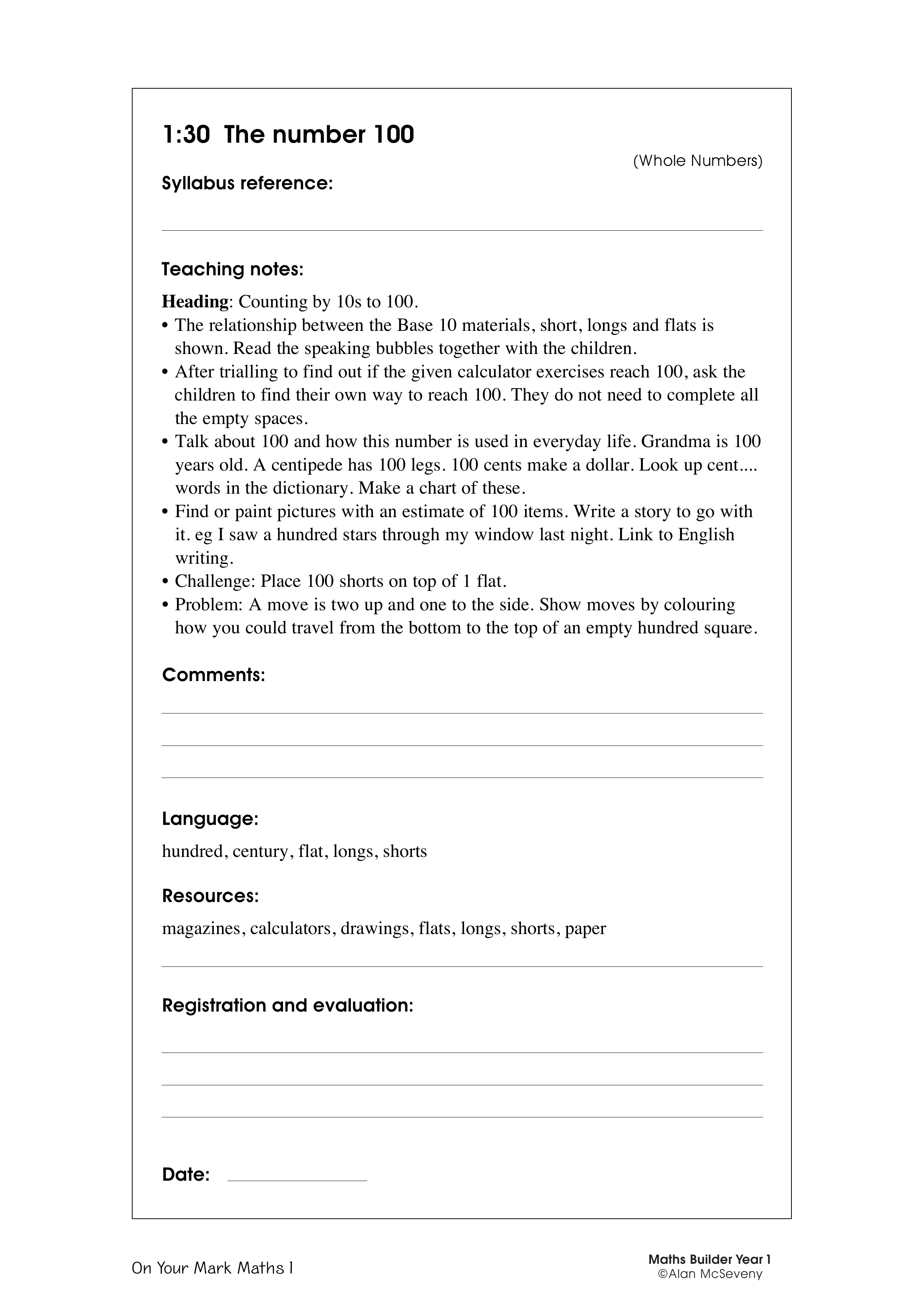 The number 100 — worksheet preview