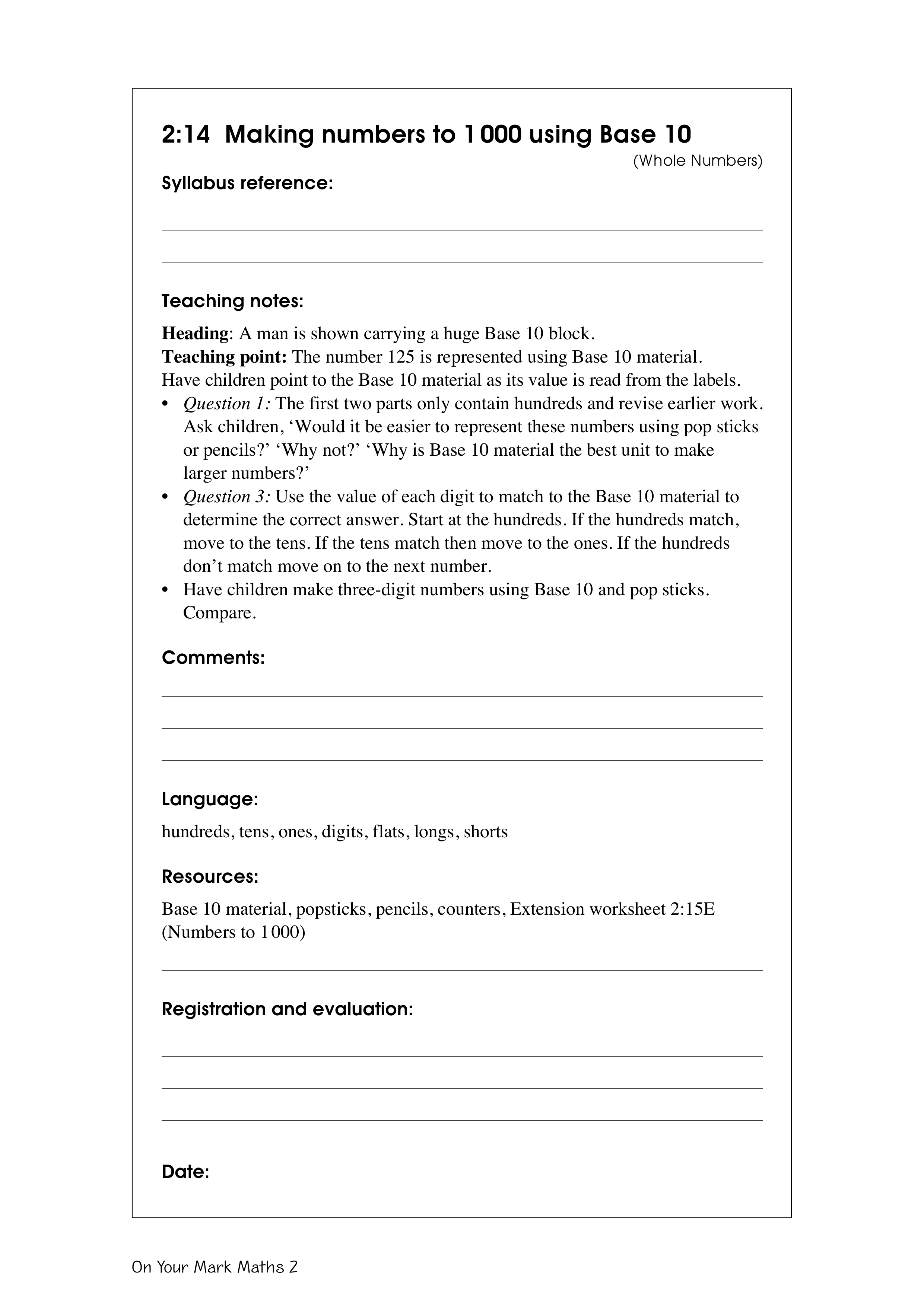Making numbers to 1 000 using Base 10 — worksheet preview