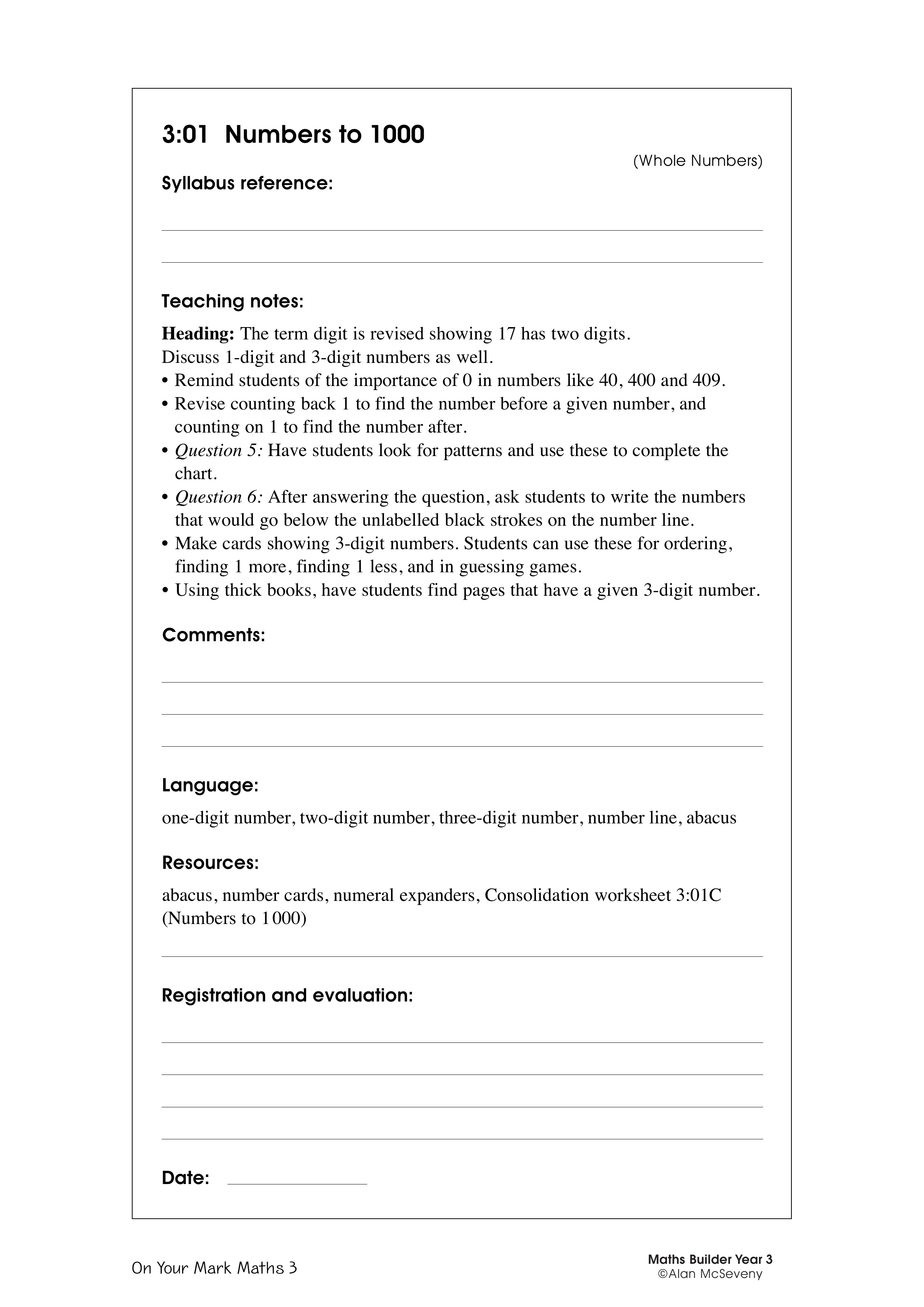 Numbers to 1 000 — worksheet preview