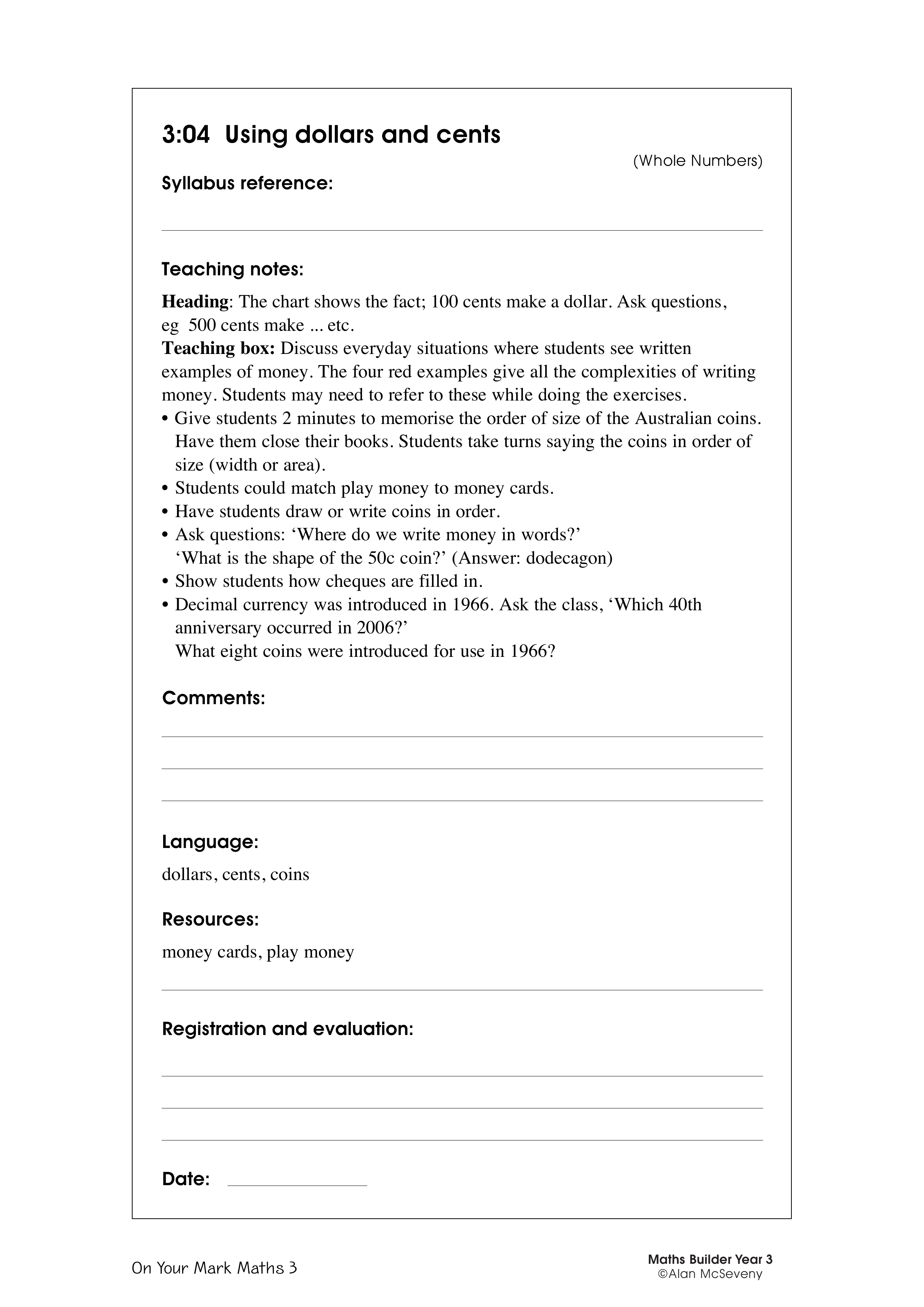 Using dollars and cents — worksheet preview