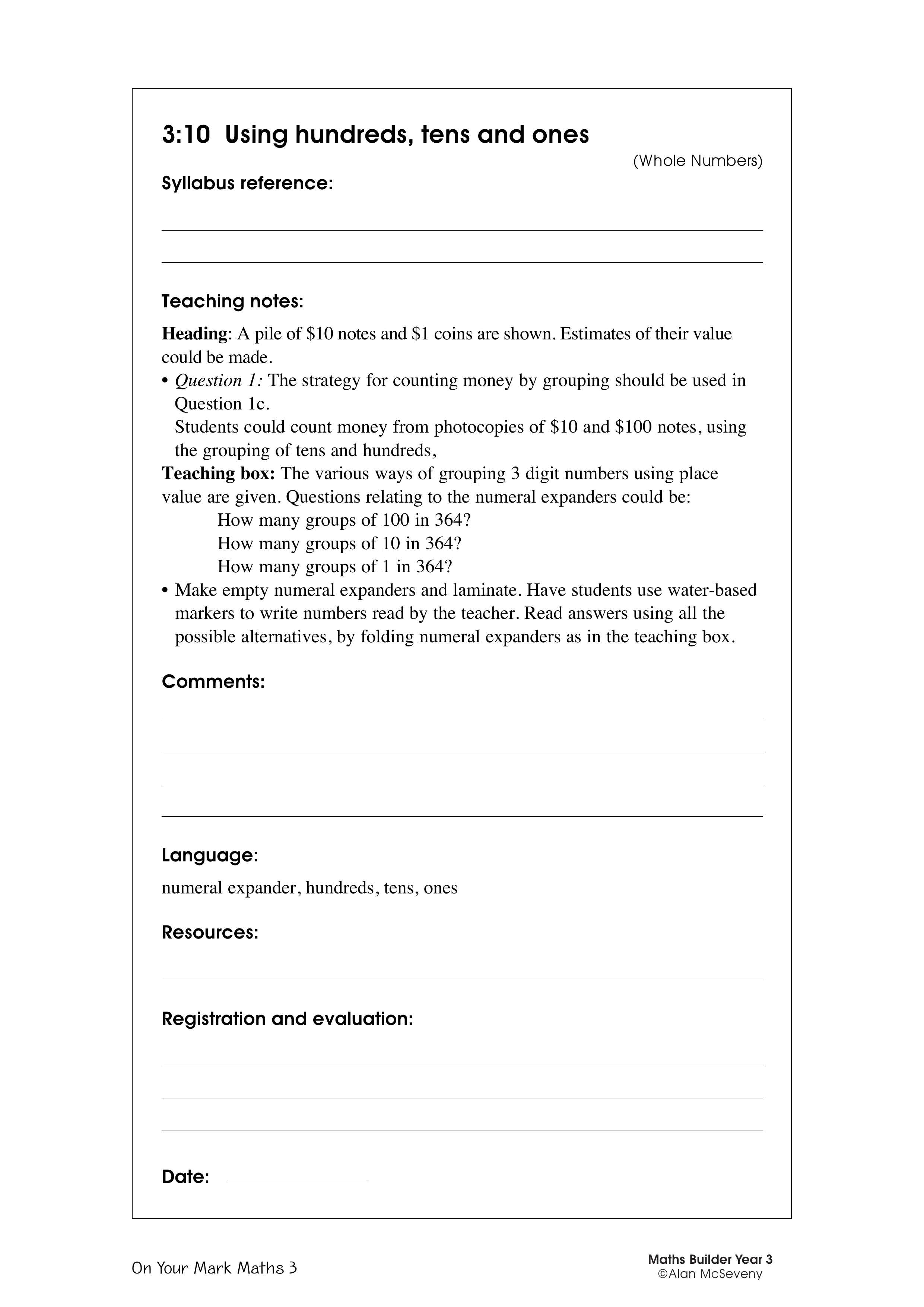 Using hundreds, tens and ones — worksheet preview