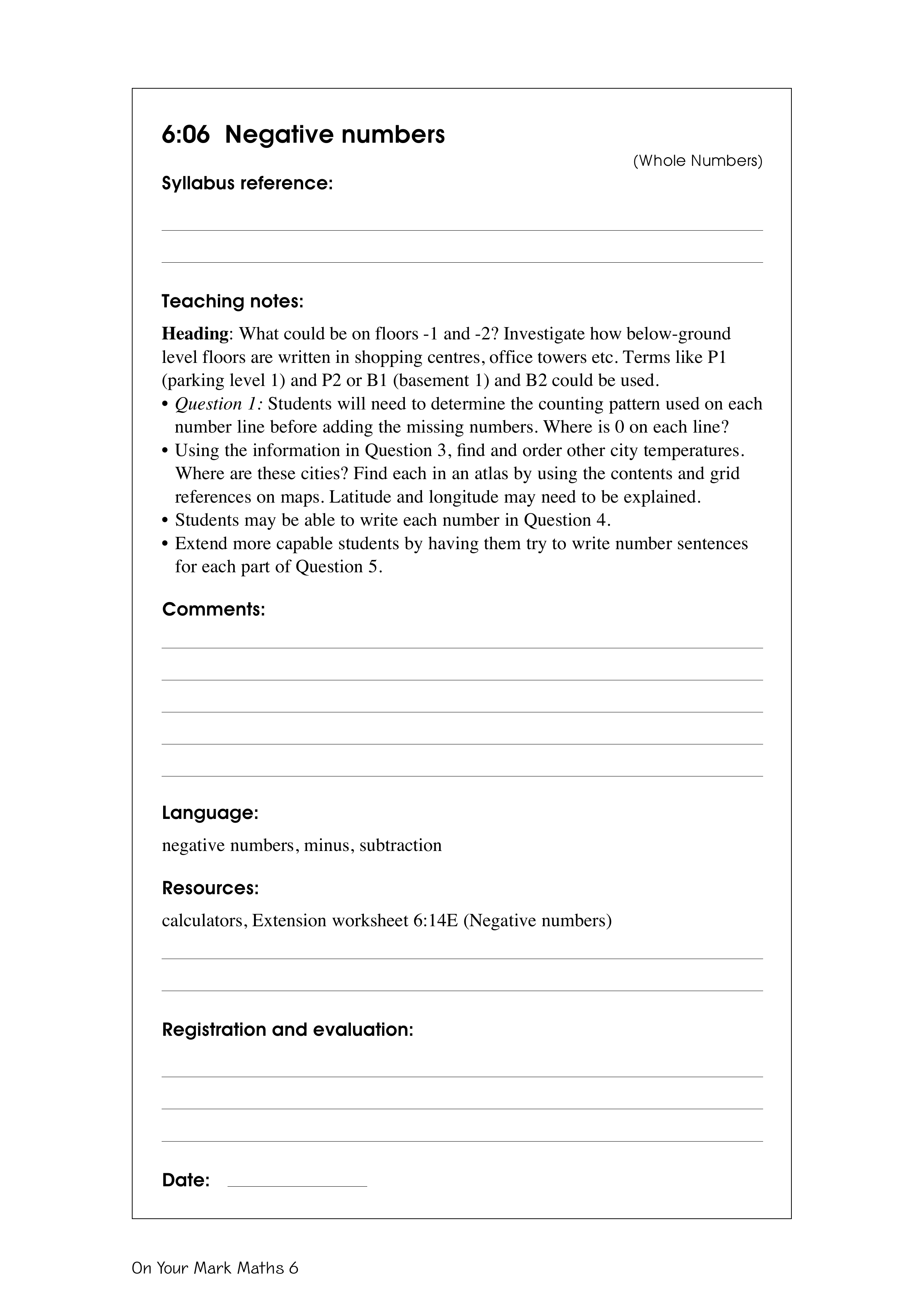 Negative numbers — worksheet preview