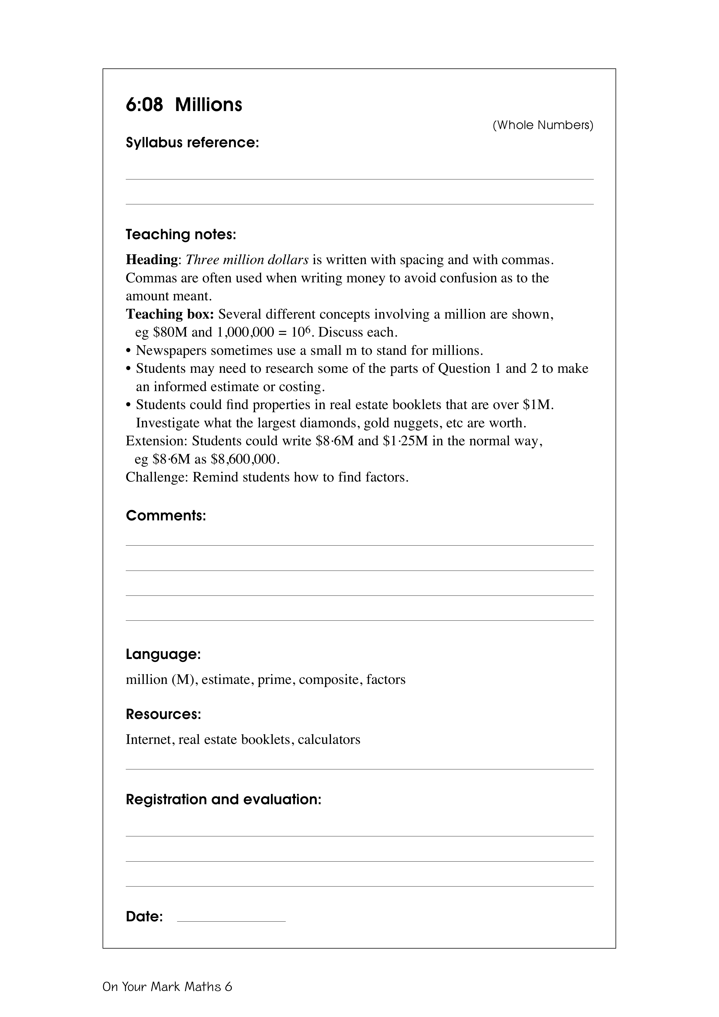 Millions — worksheet preview