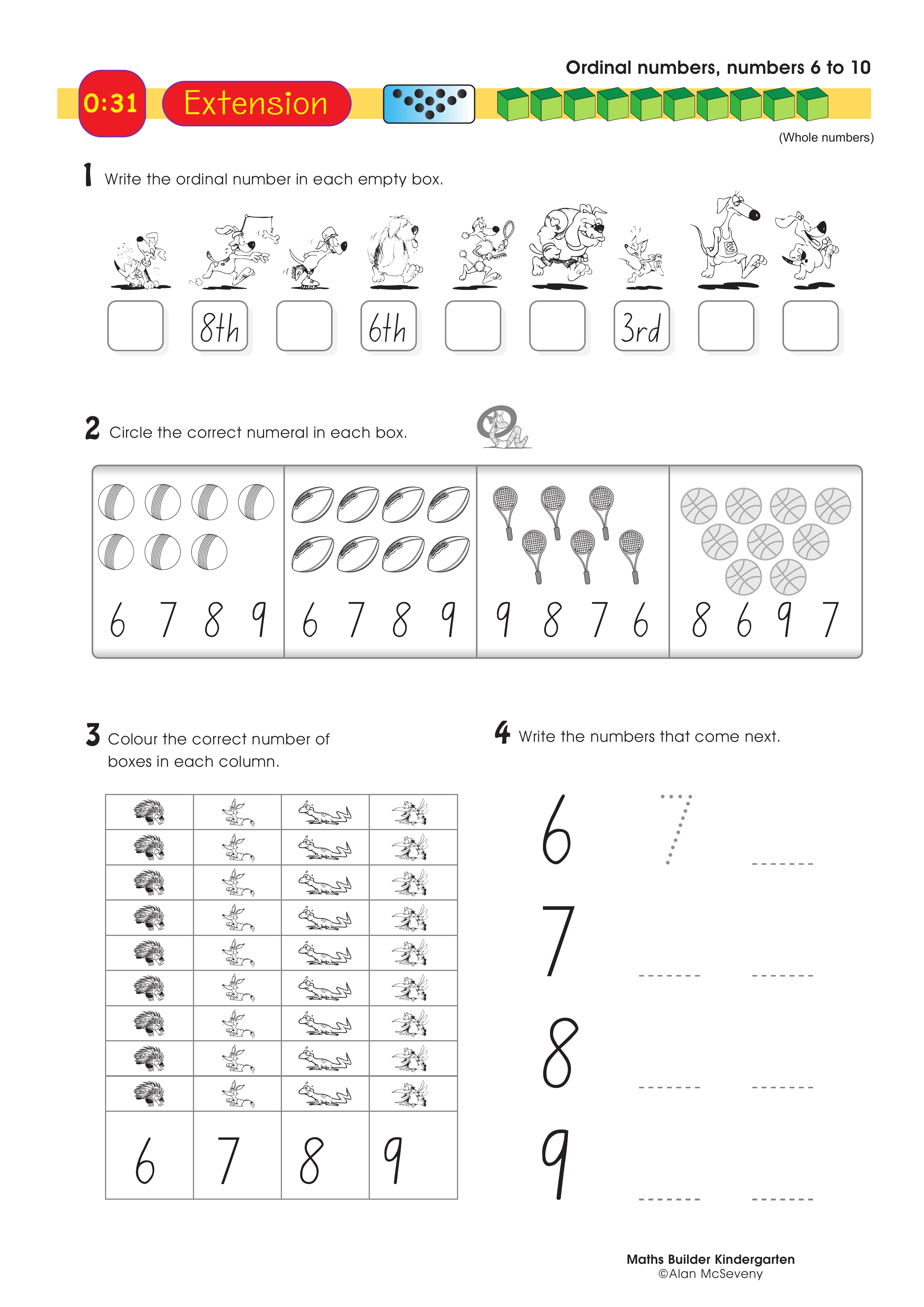 Ordinal numbers, numbers 6 to 10 — worksheet preview