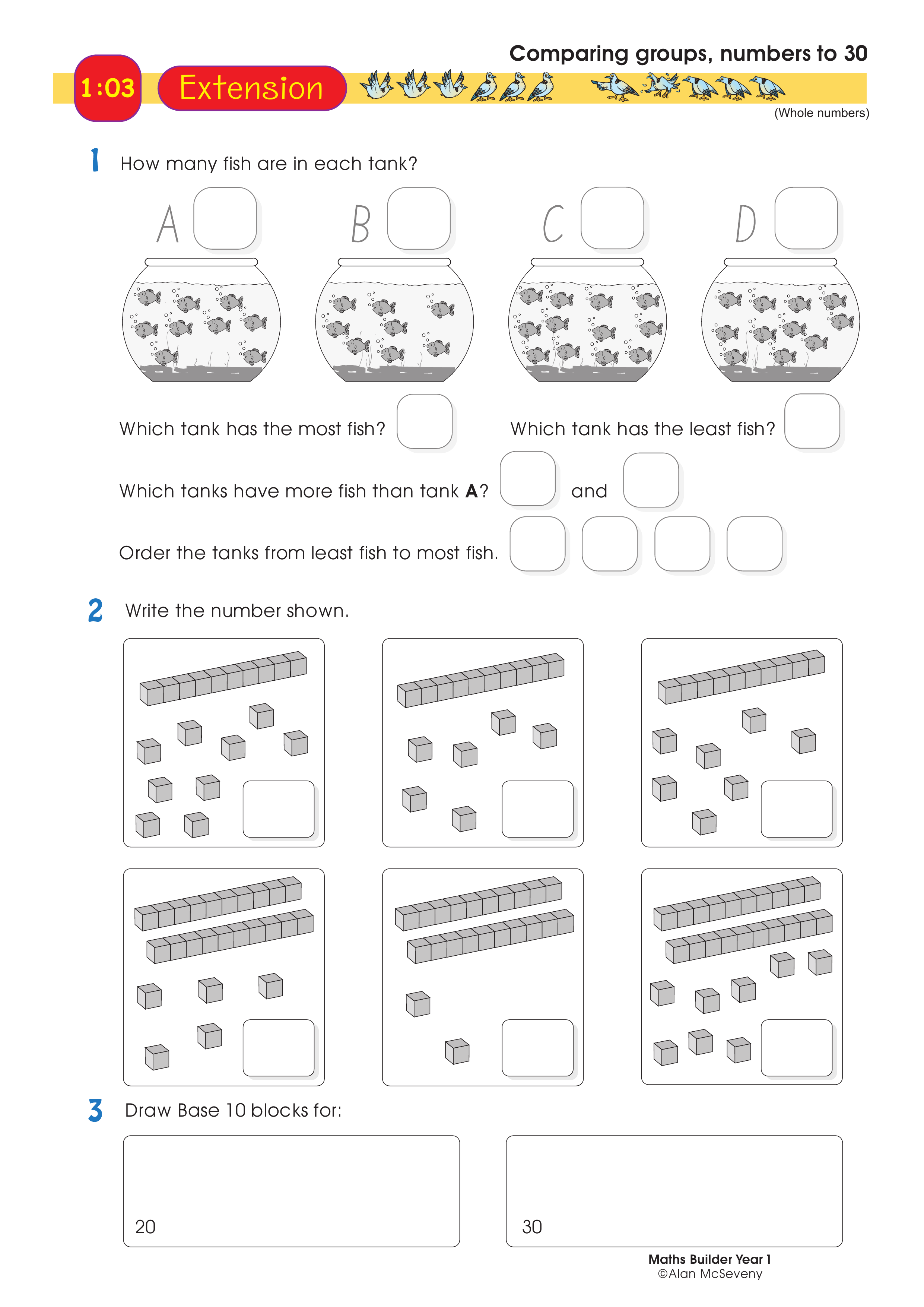 Comparing groups, numbers to 30 — worksheet preview