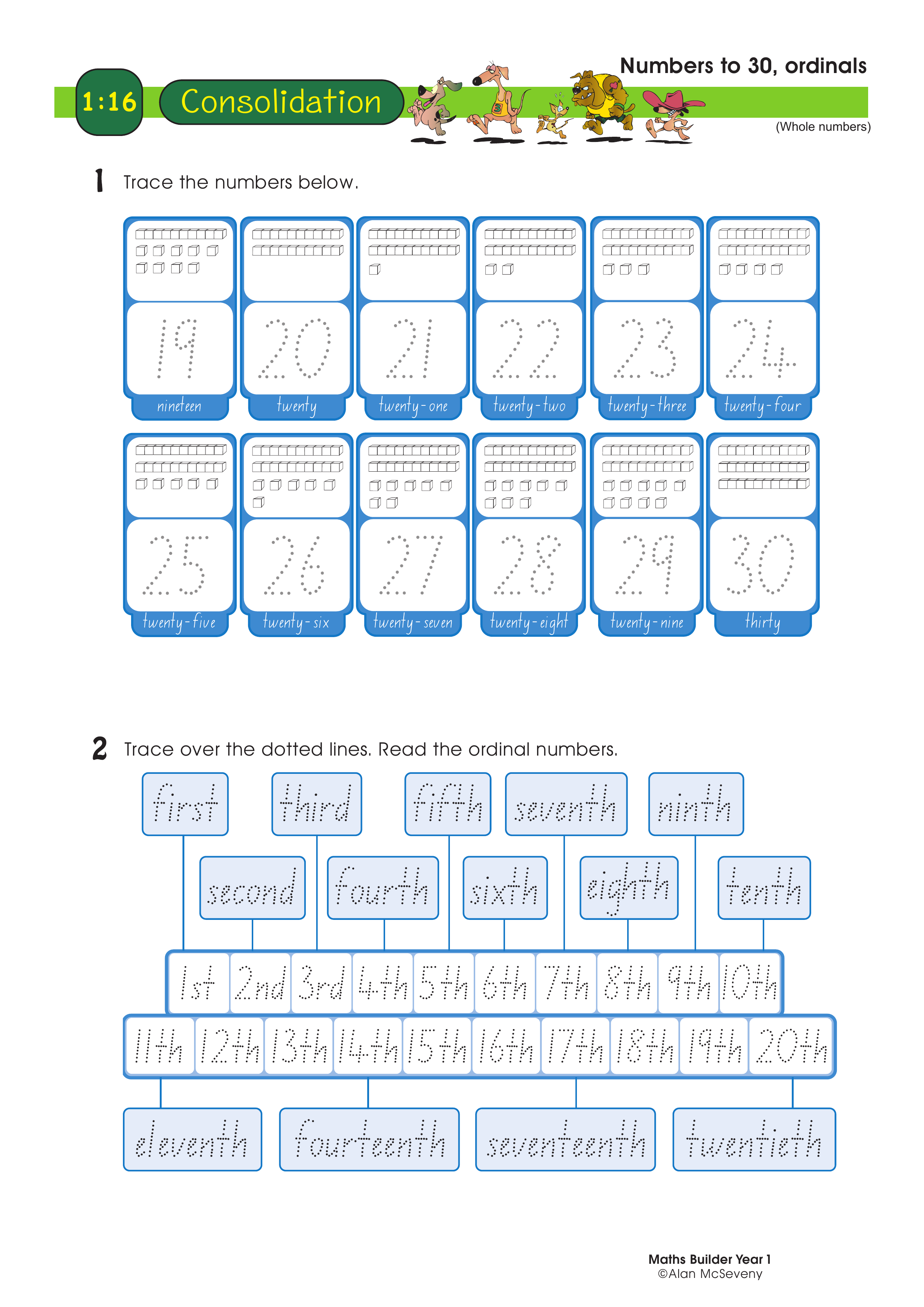 Numbers to 30, ordinals — worksheet preview