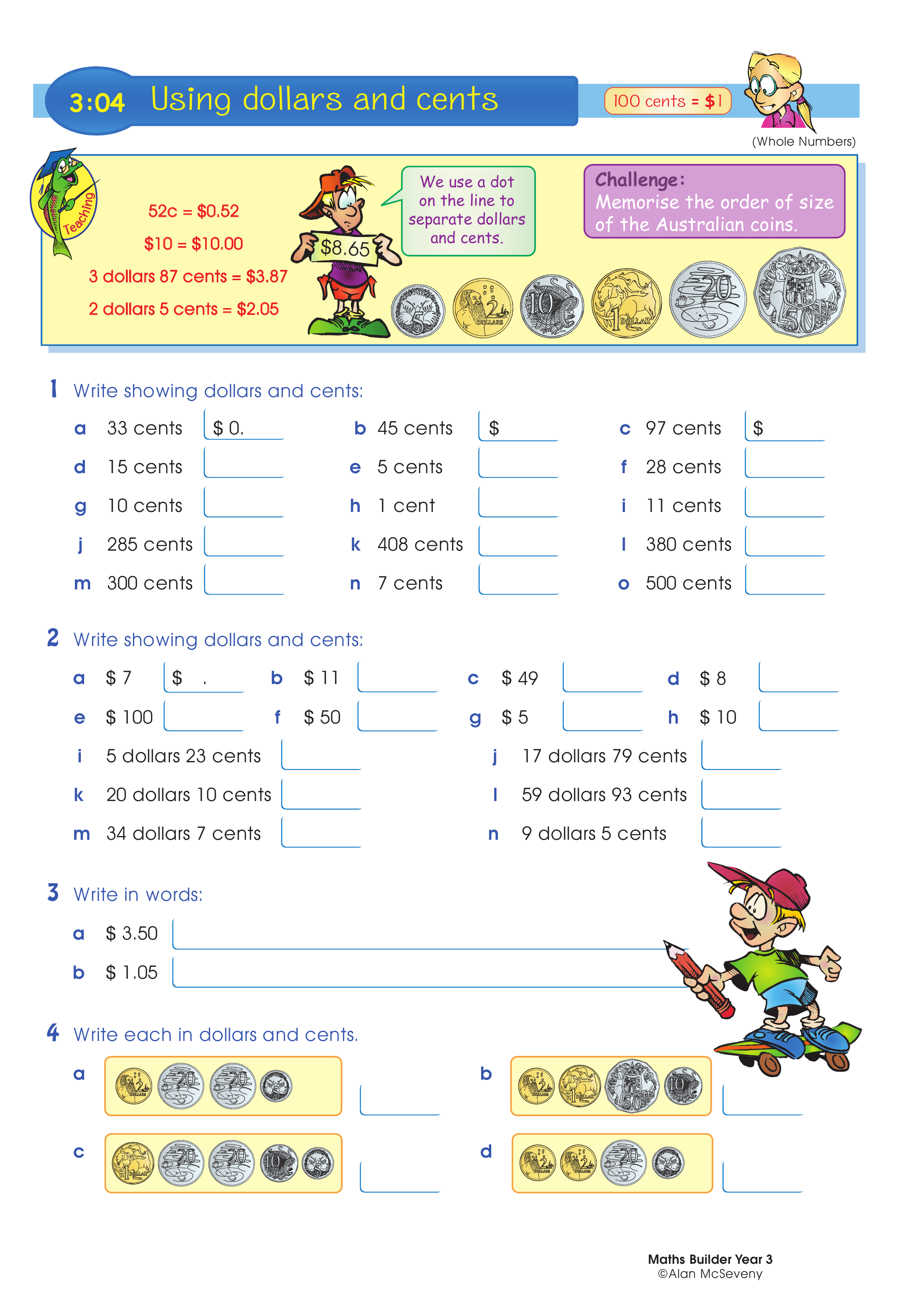 Using dollars and cents — worksheet preview
