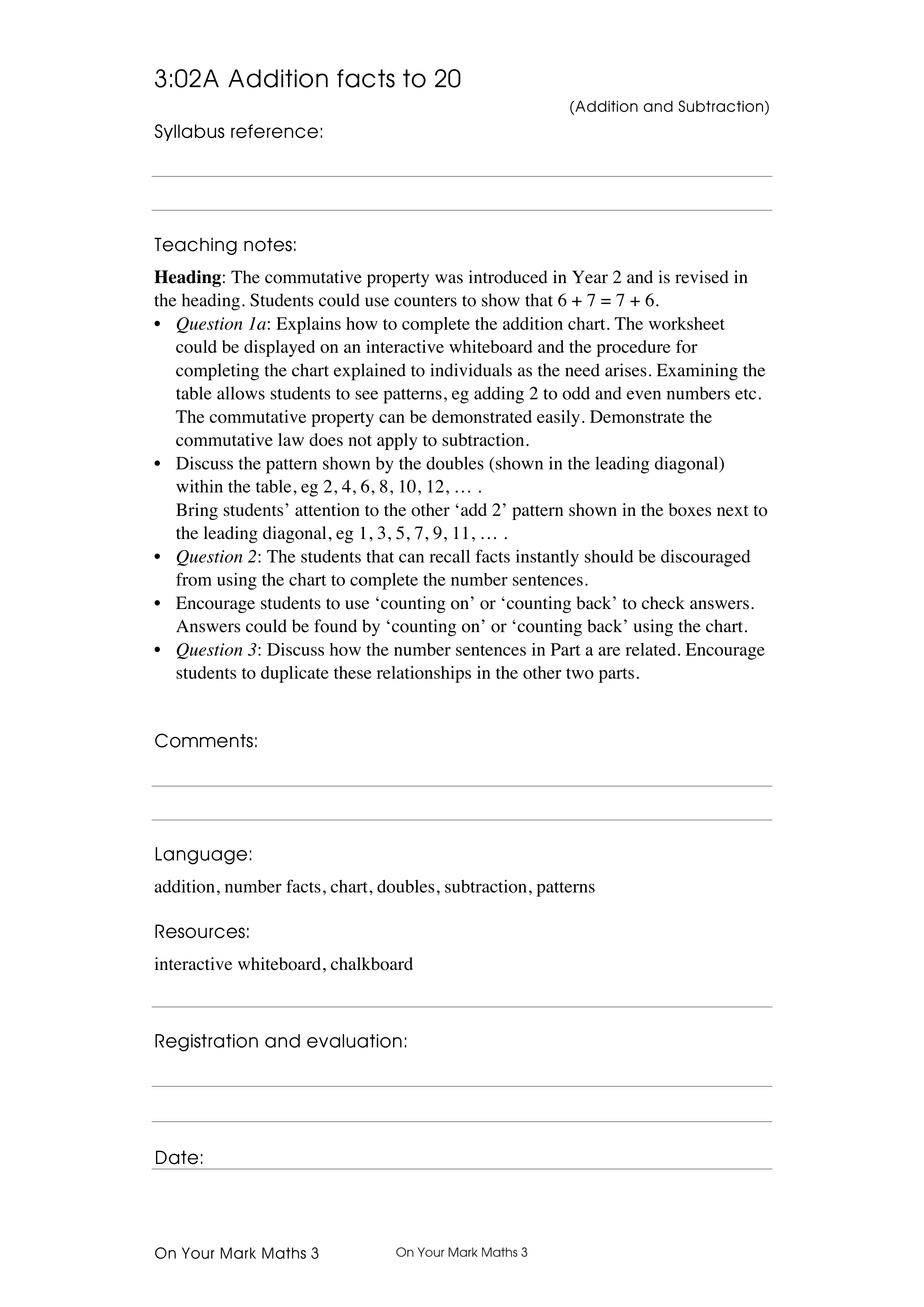 Addition facts to 20 — worksheet preview
