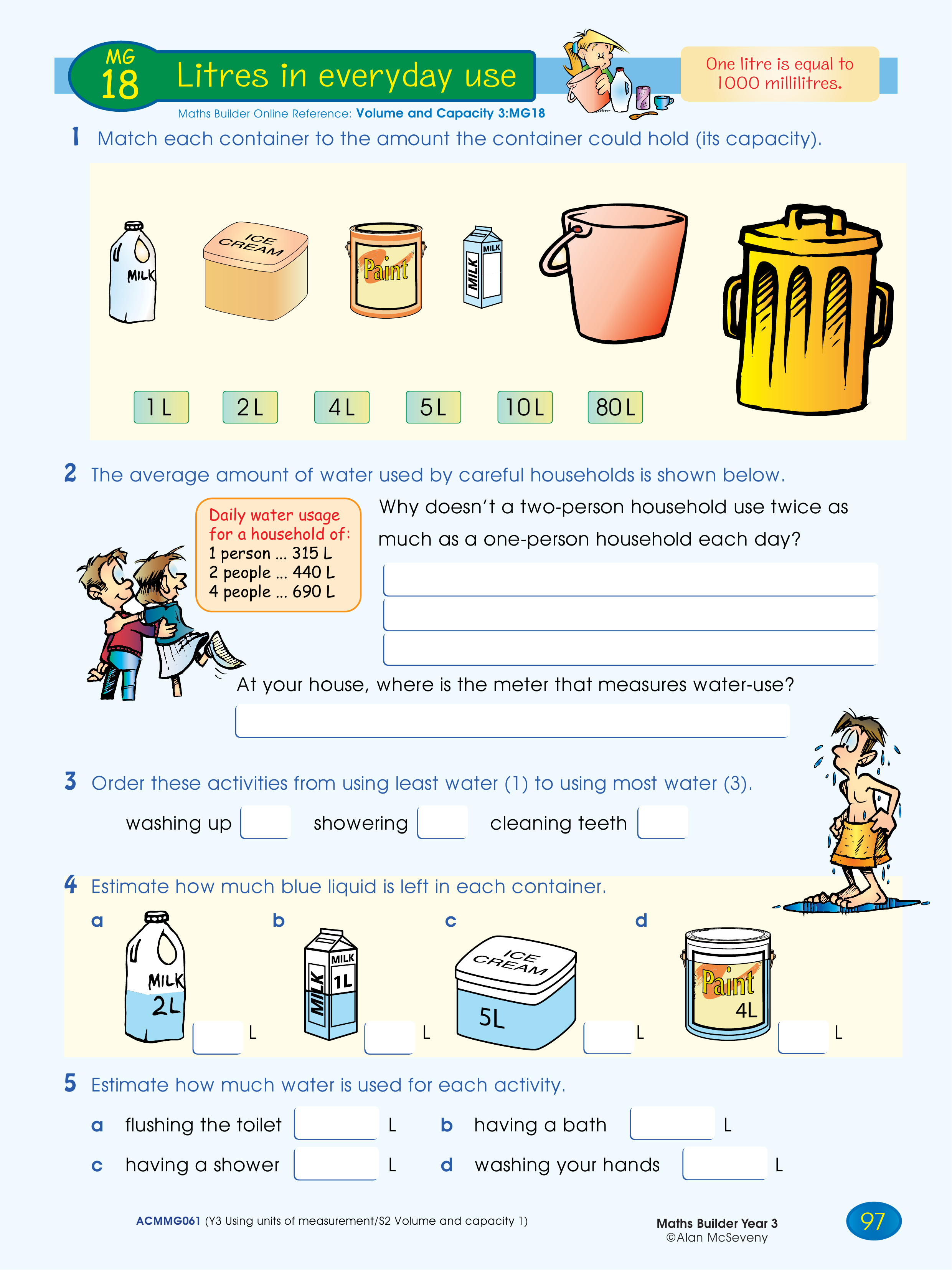 Litres in everyday use — worksheet preview
