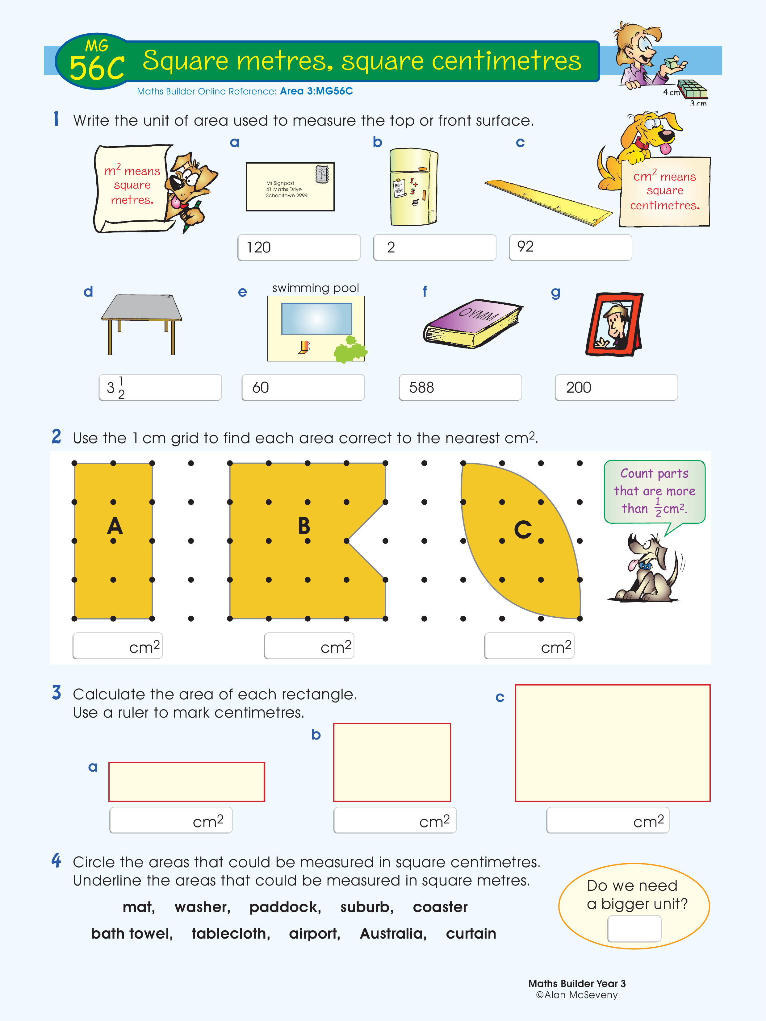Square metres, square centimetres — worksheet preview