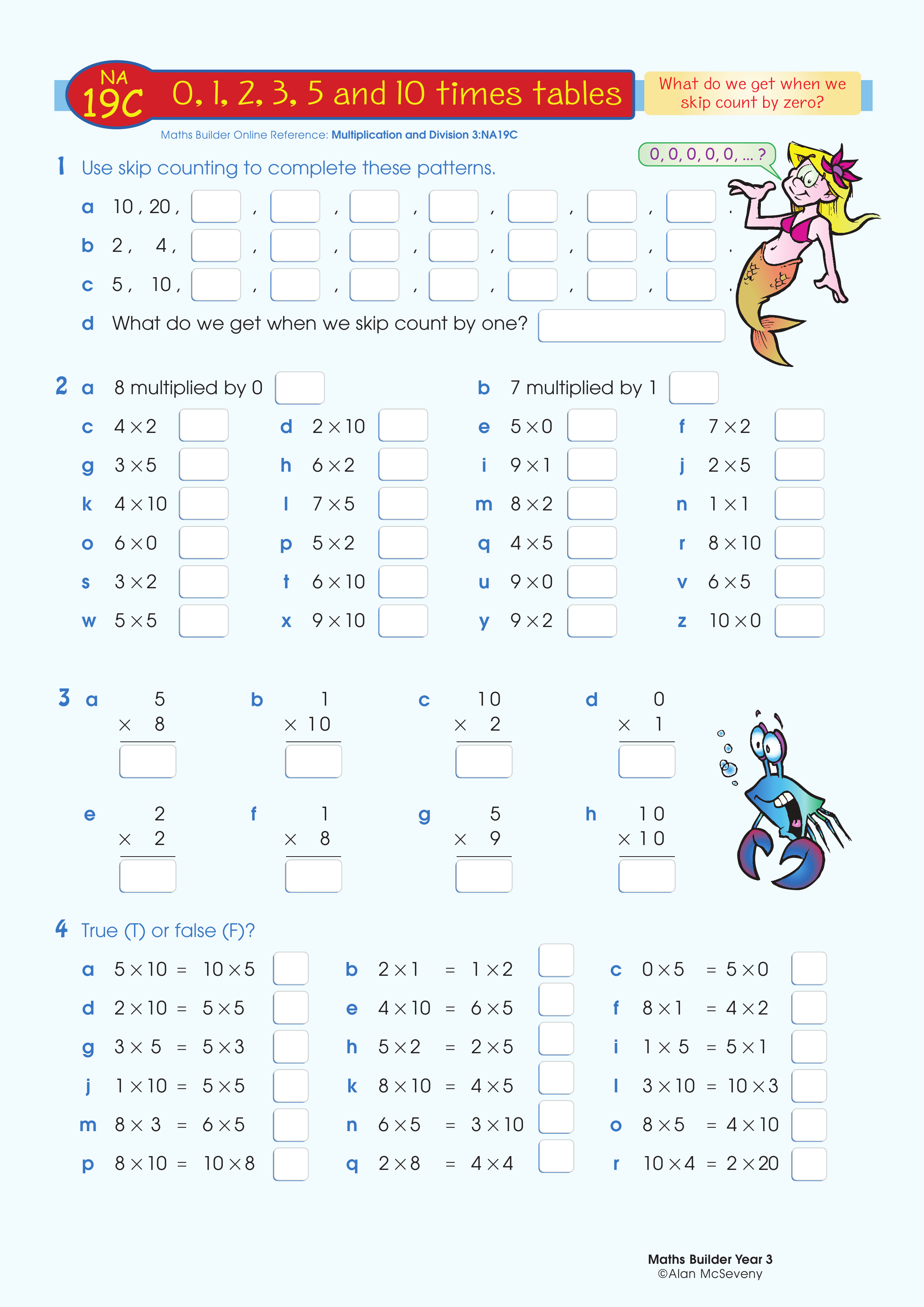 0, 1, 2, 3, 5 and 10 times tables — worksheet preview