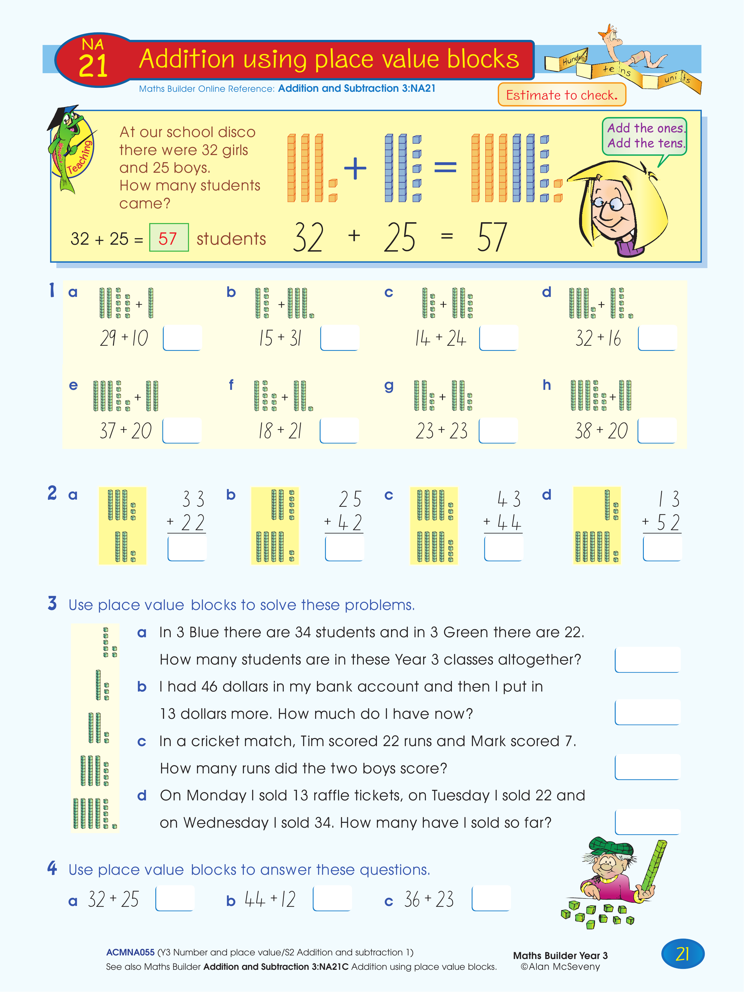 Addition using place value blocks — worksheet preview