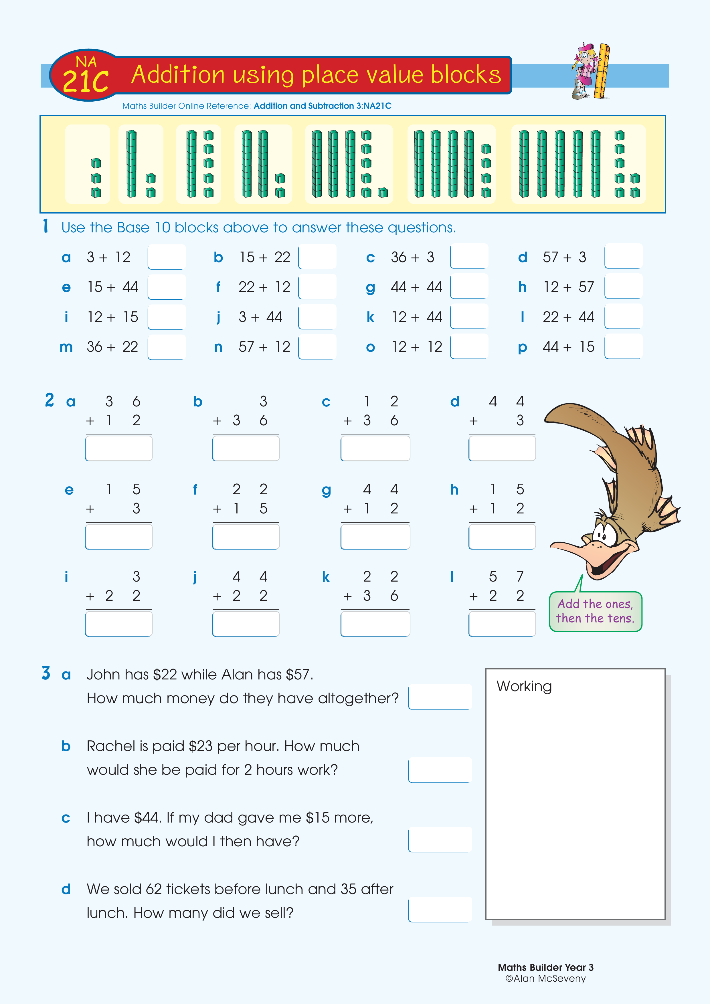 Addition using place value blocks — worksheet preview