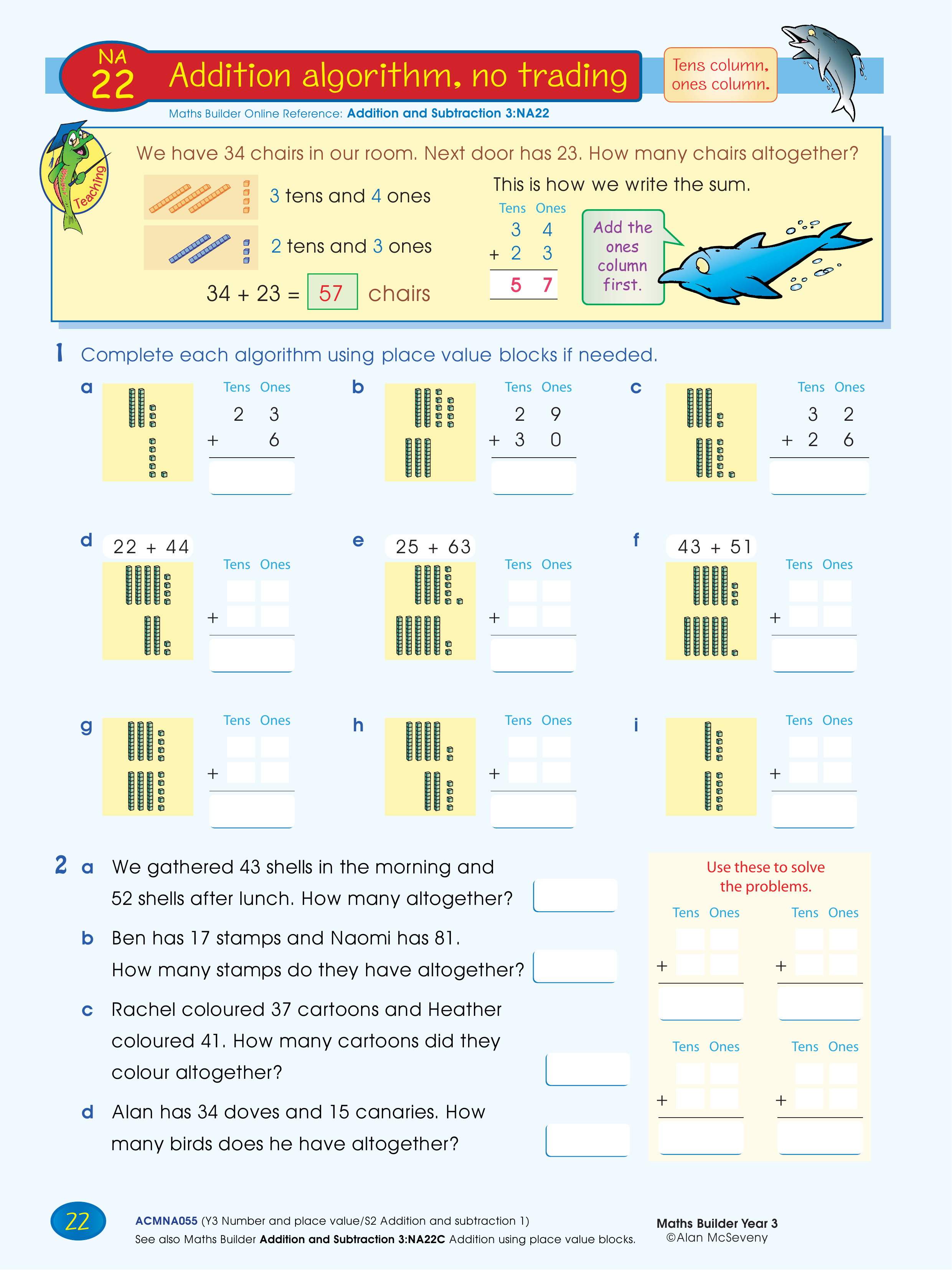 Addition algorithm, no trading — worksheet preview
