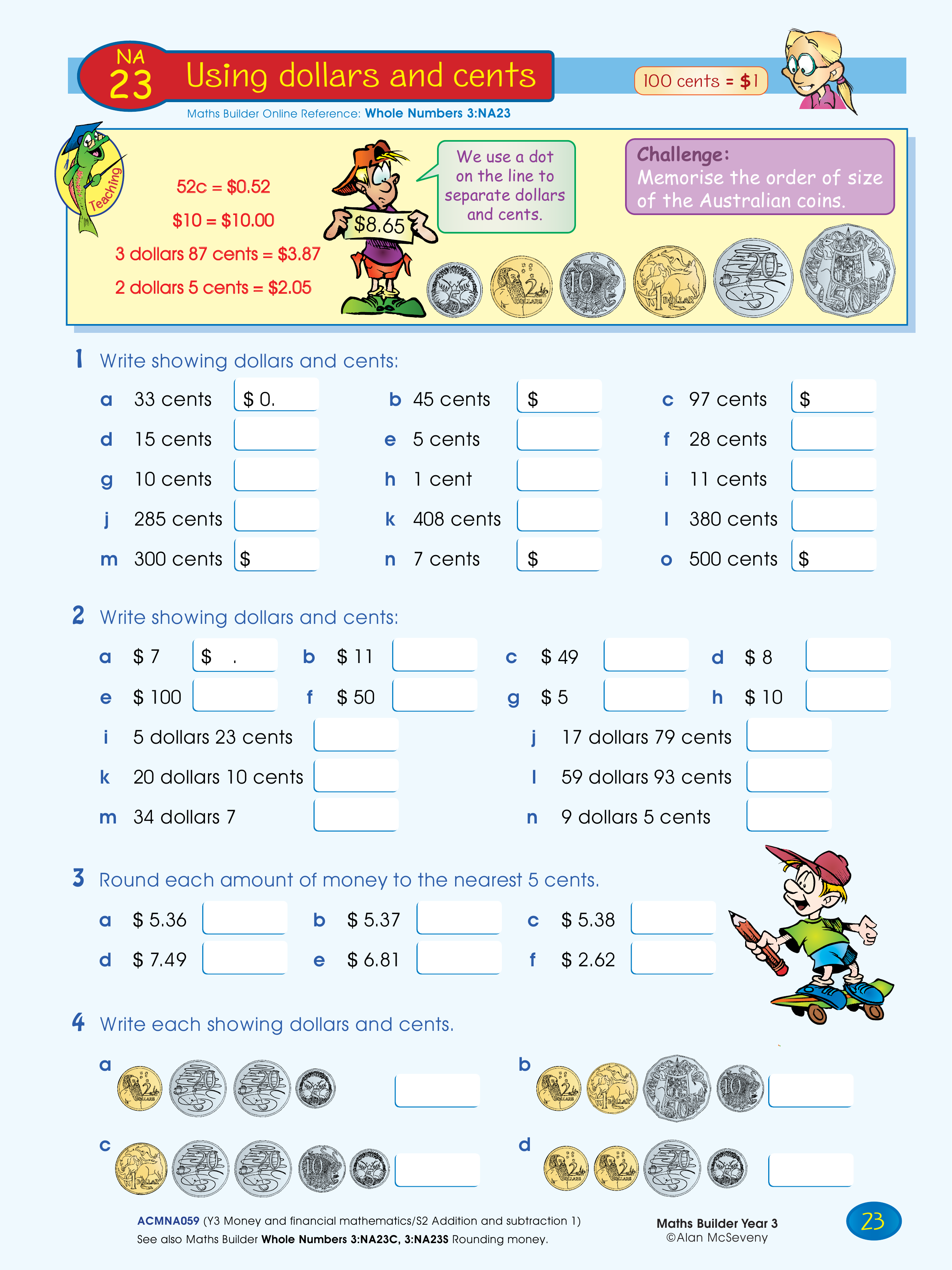 Using dollars and cents — worksheet preview