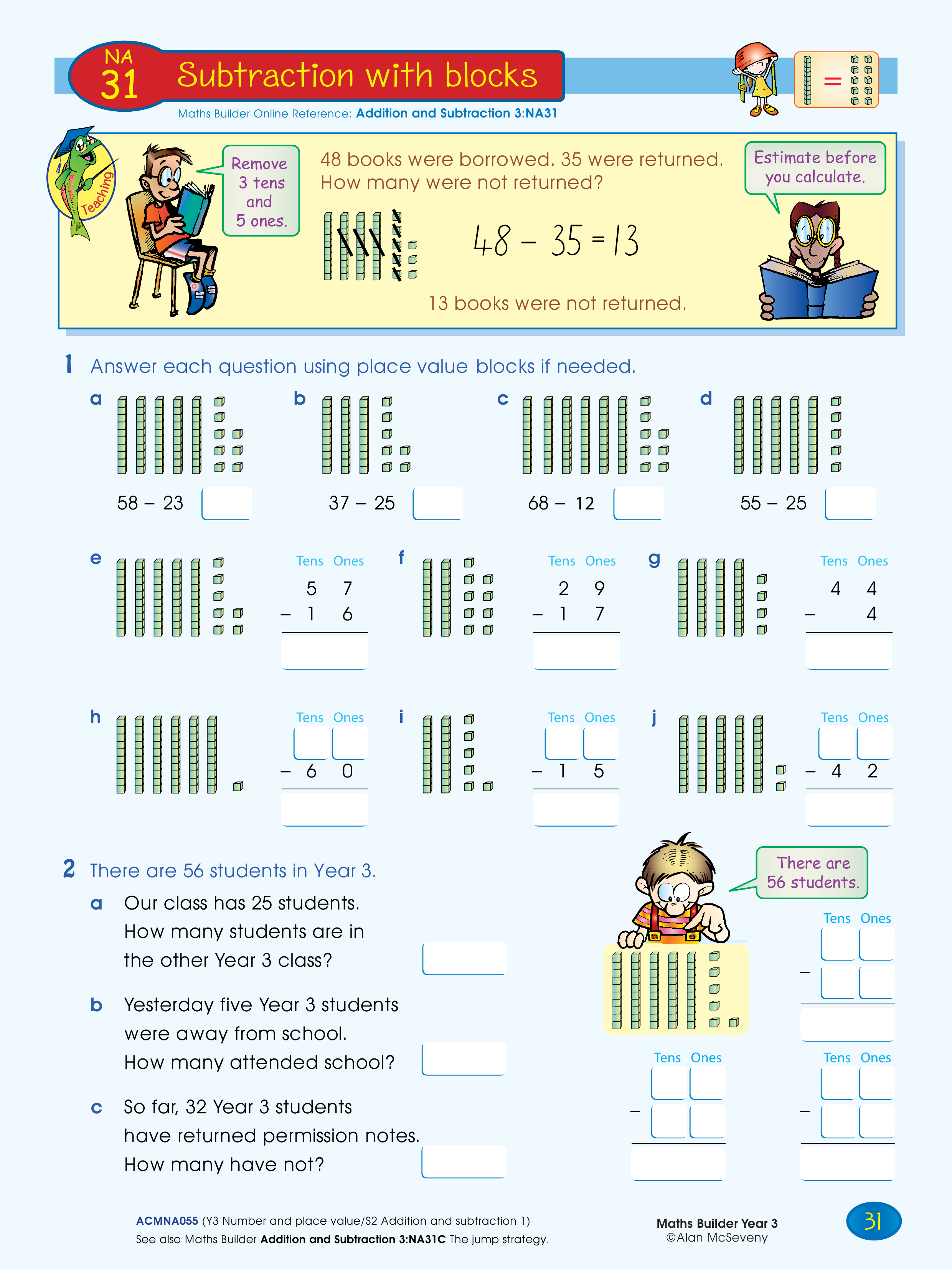 Subtraction using blocks — worksheet preview