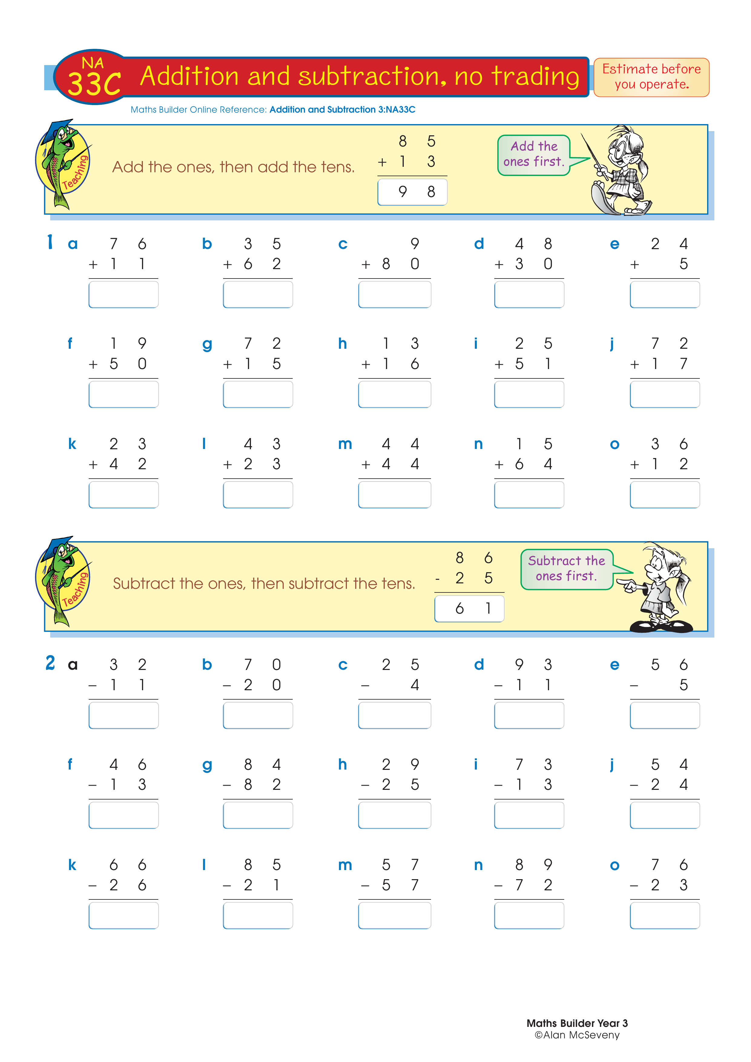 Addition and subtraction, no trading — worksheet preview