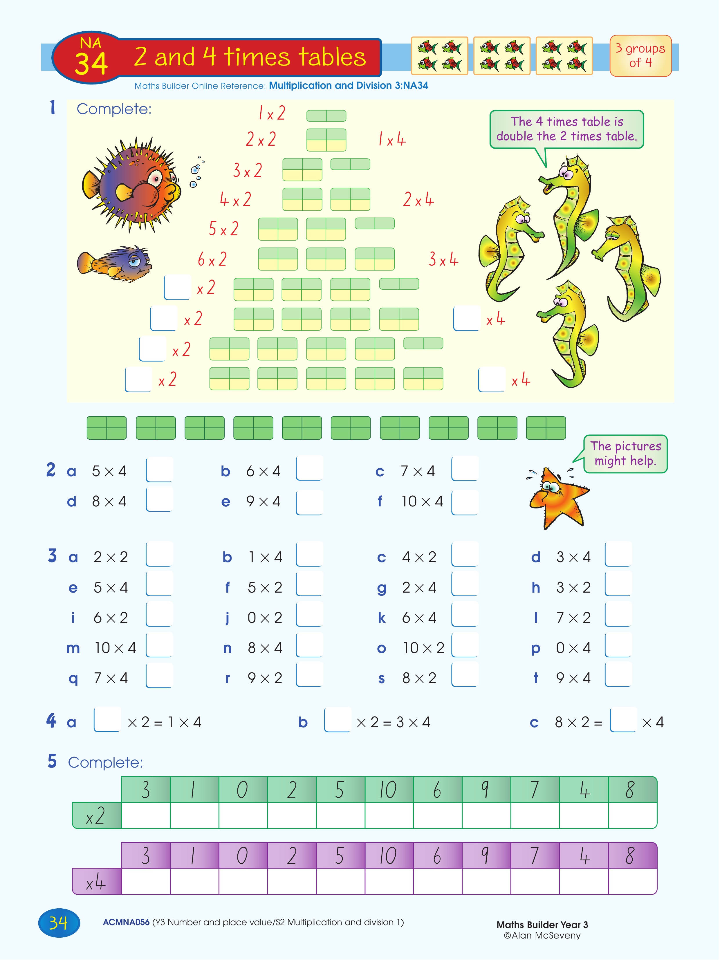 2 and 4 times tables — worksheet preview