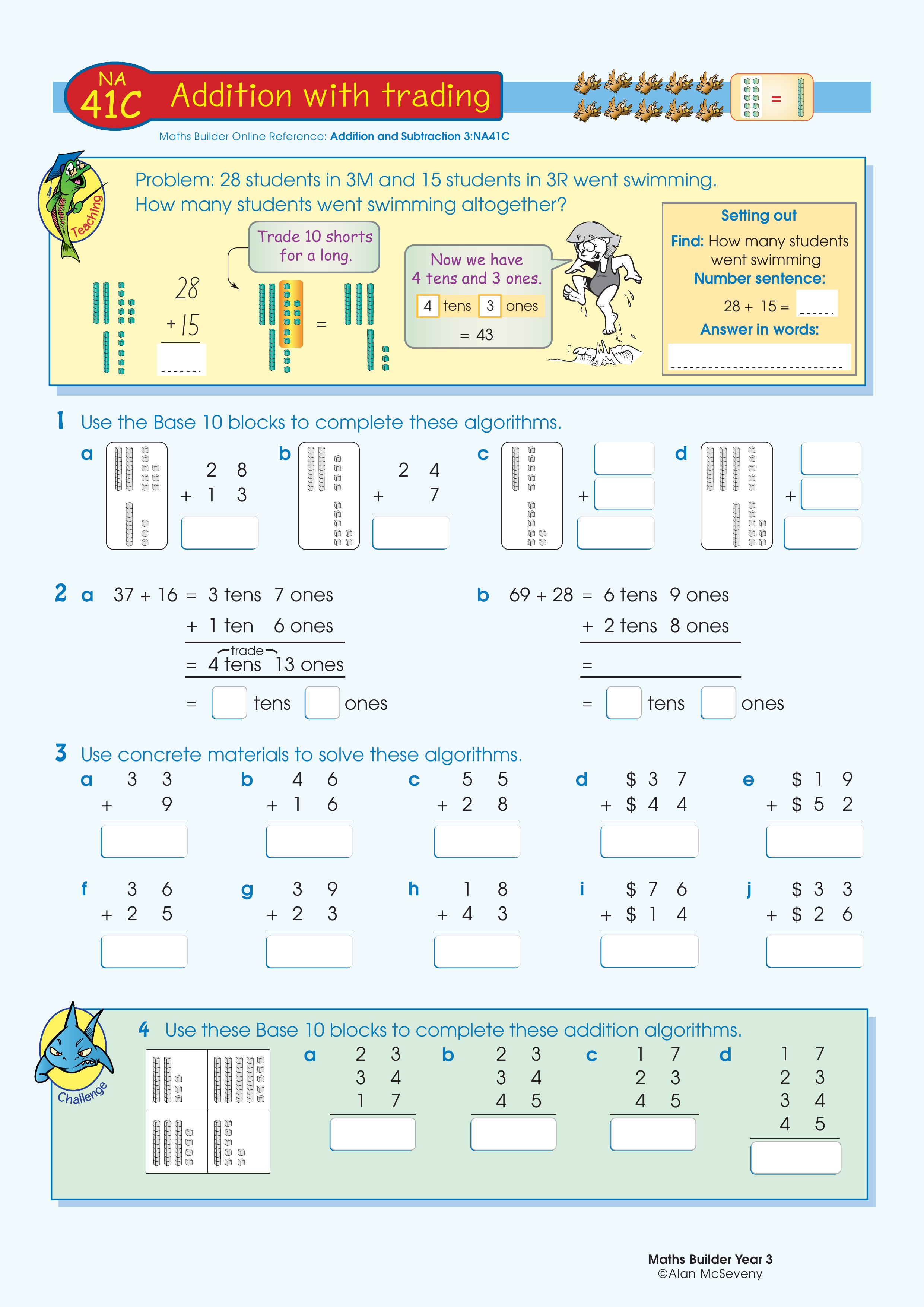Addition with trading — worksheet preview