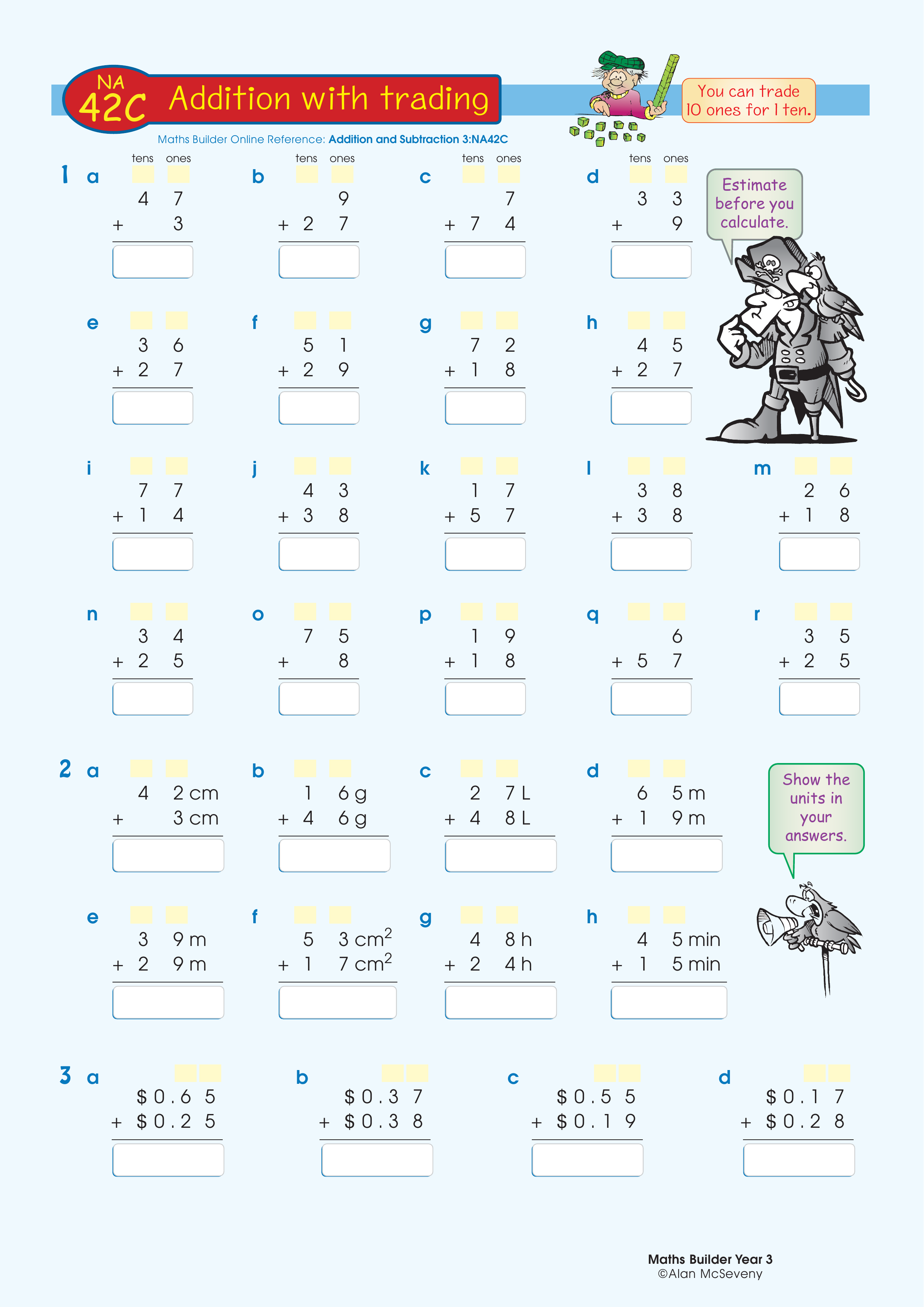 Addition with trading — worksheet preview