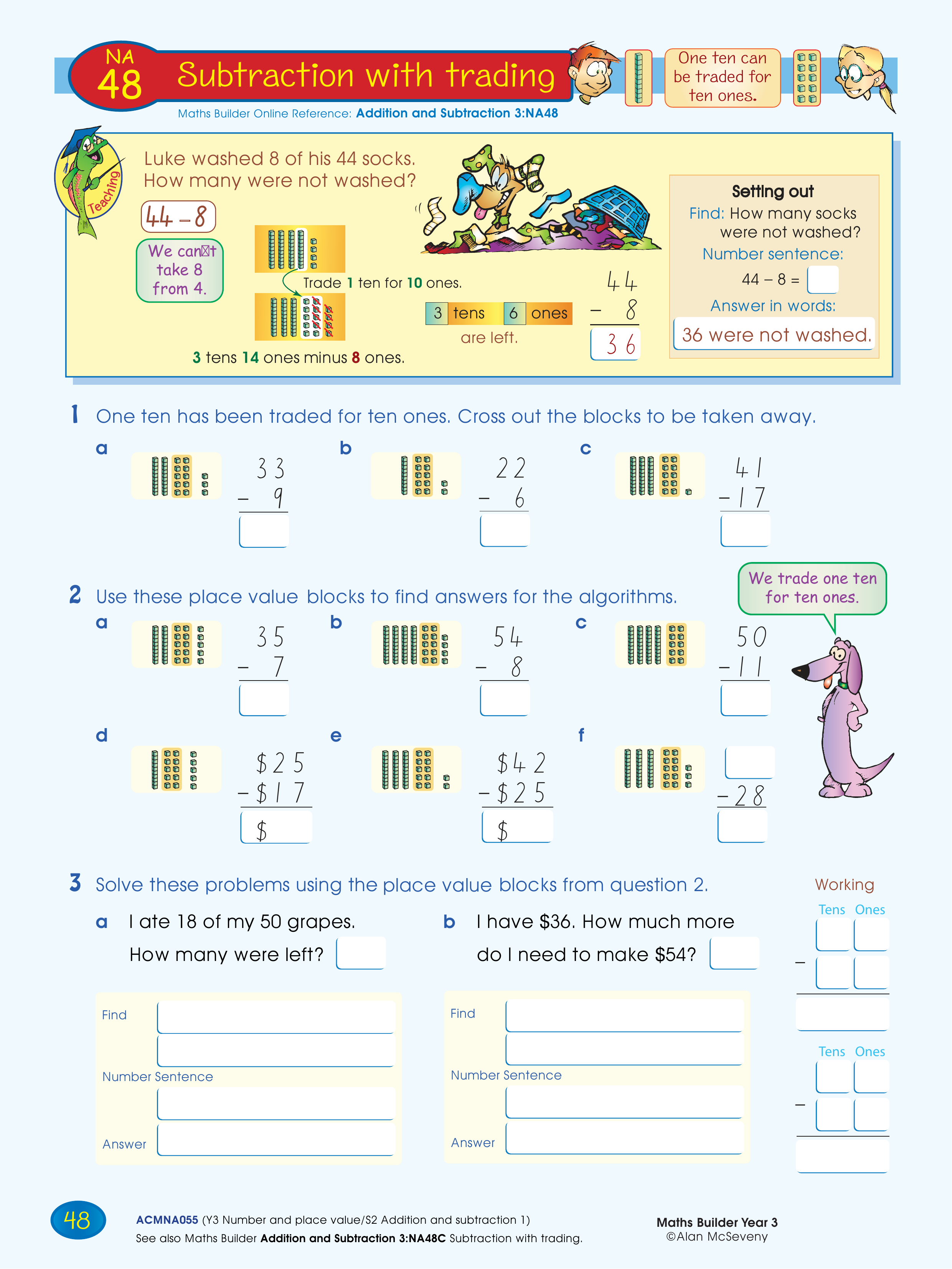 Subtraction with trading — worksheet preview