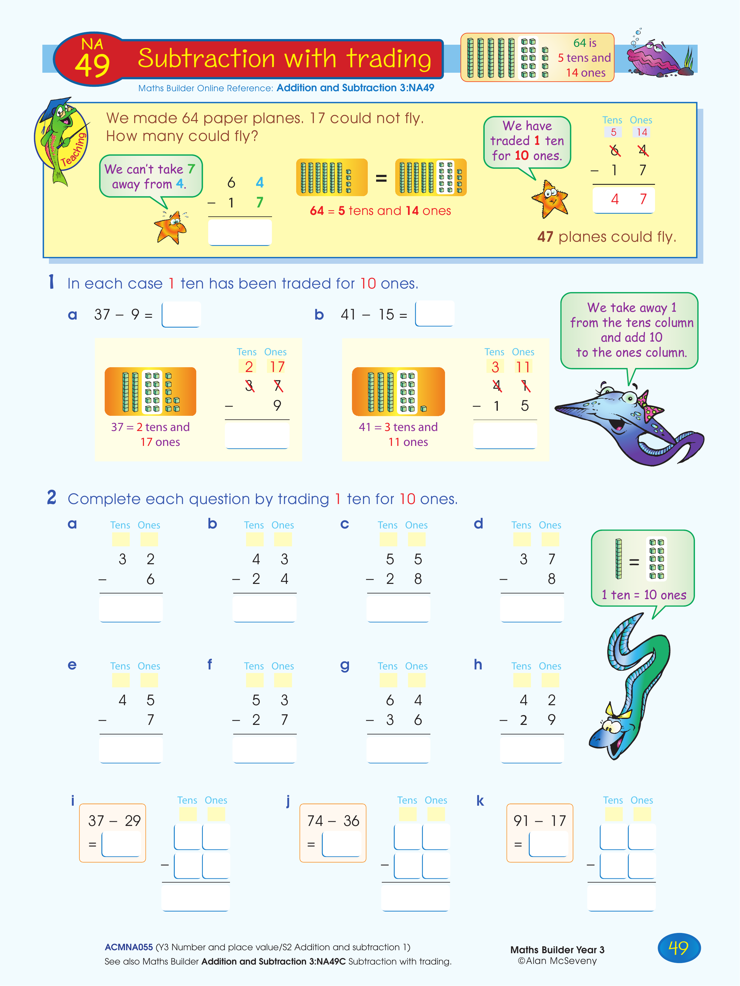 Subtraction with trading — worksheet preview