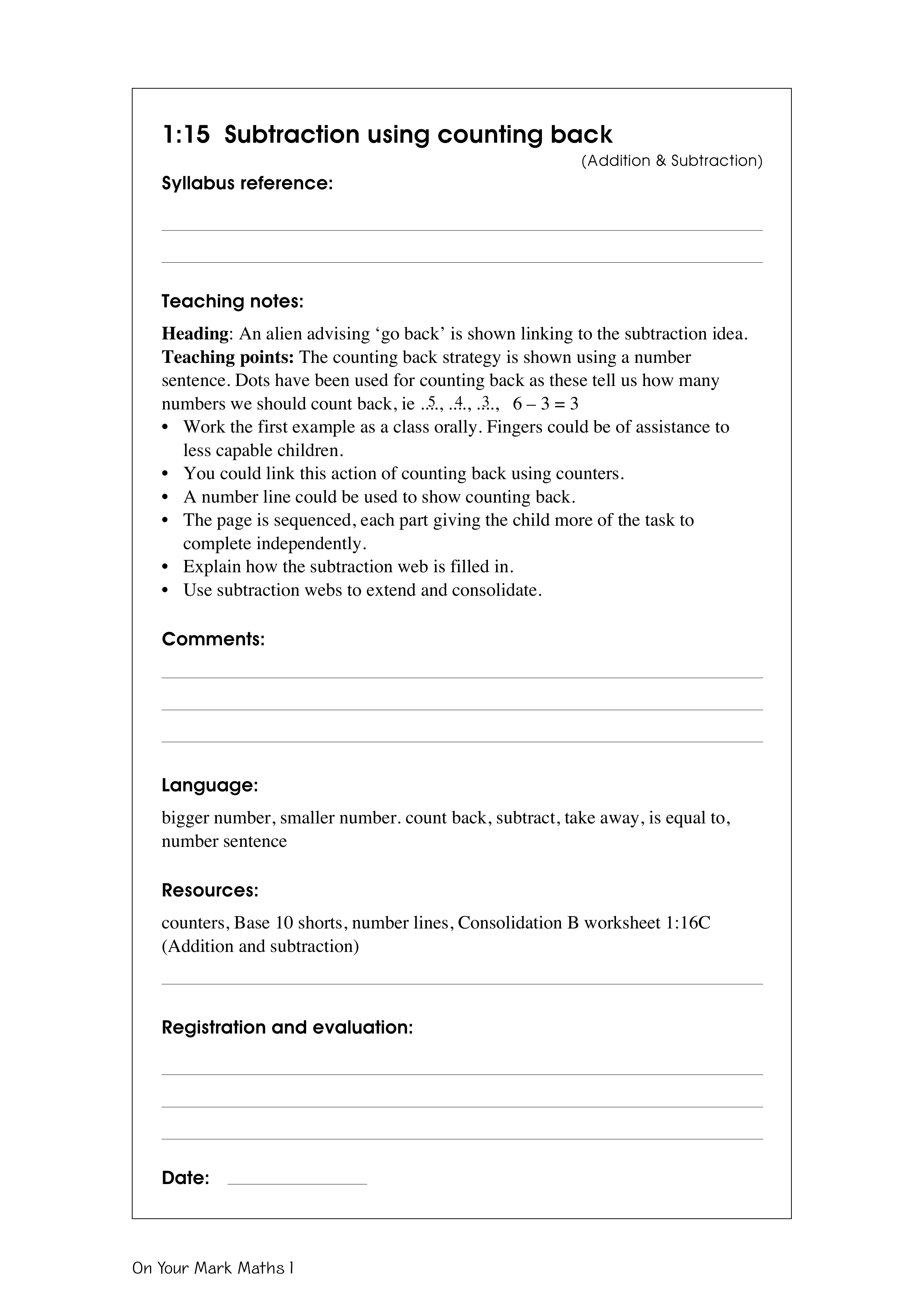 Subtraction using counting back — worksheet preview