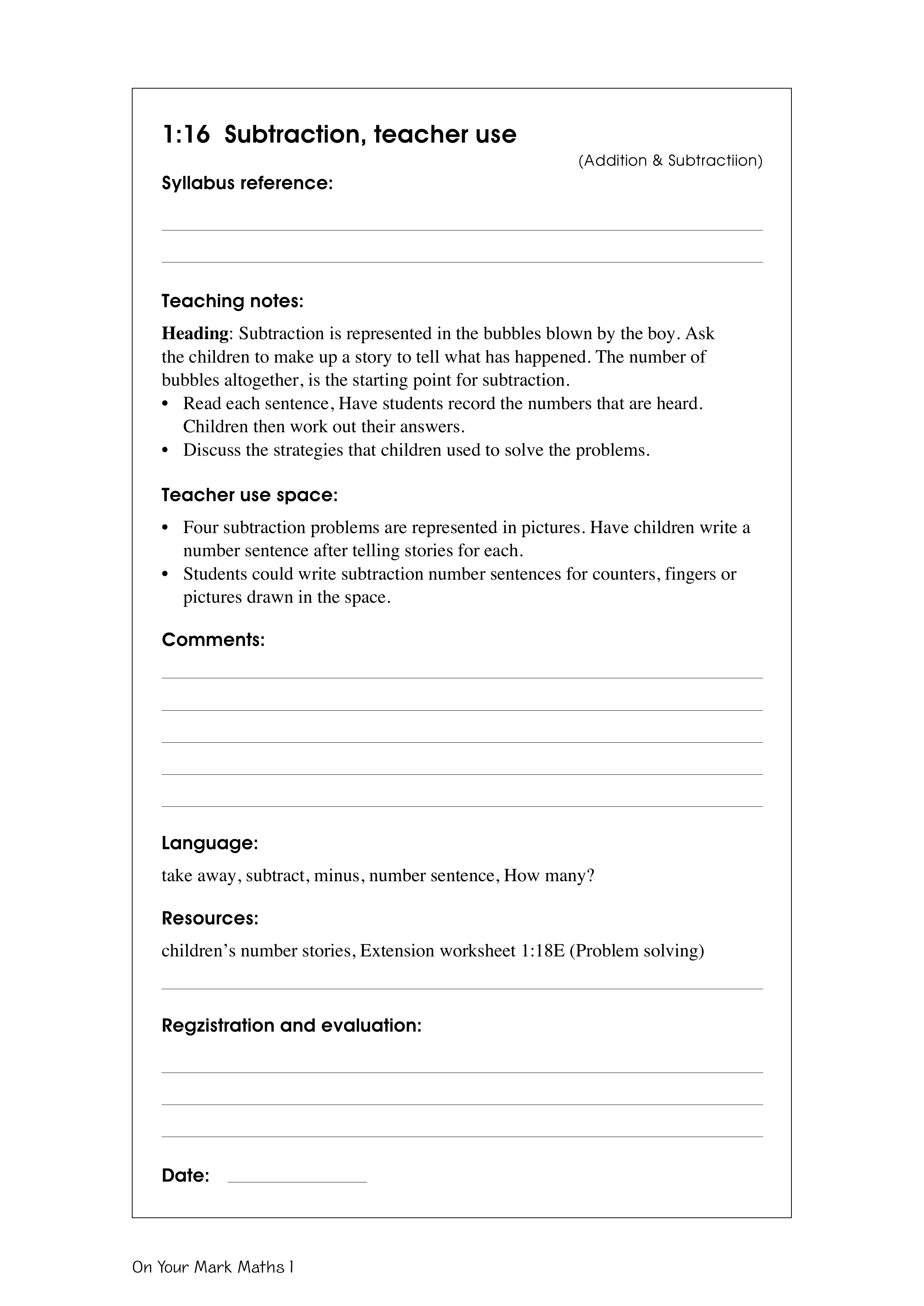 Subtraction, teacher use — worksheet preview