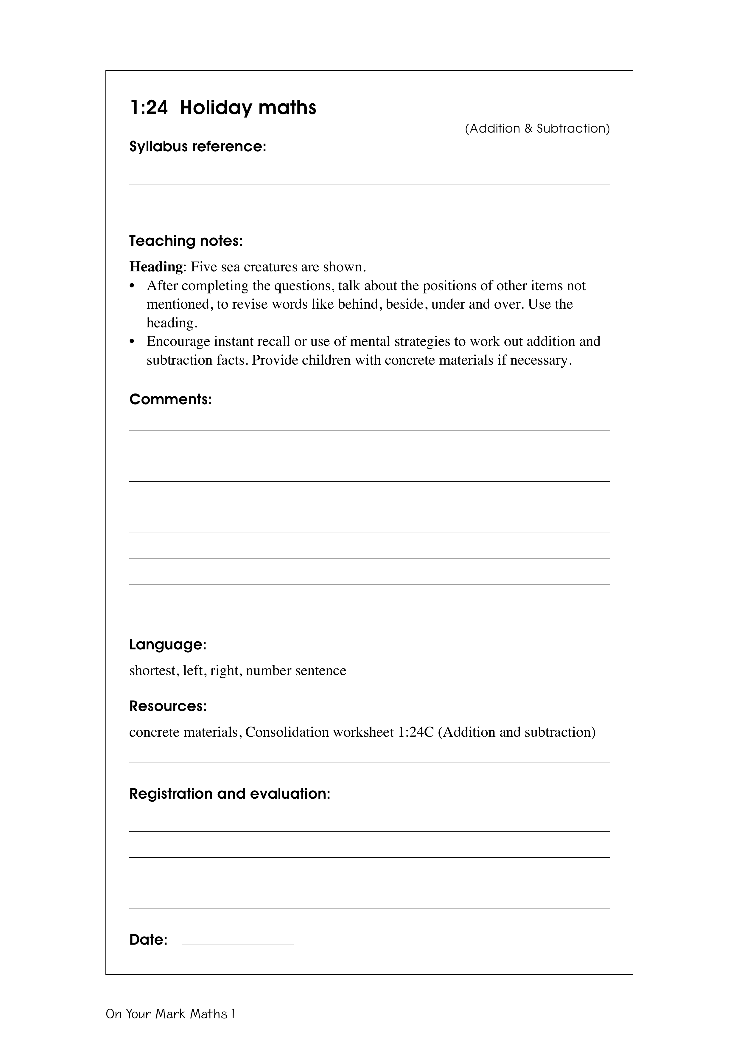 Holiday maths — worksheet preview