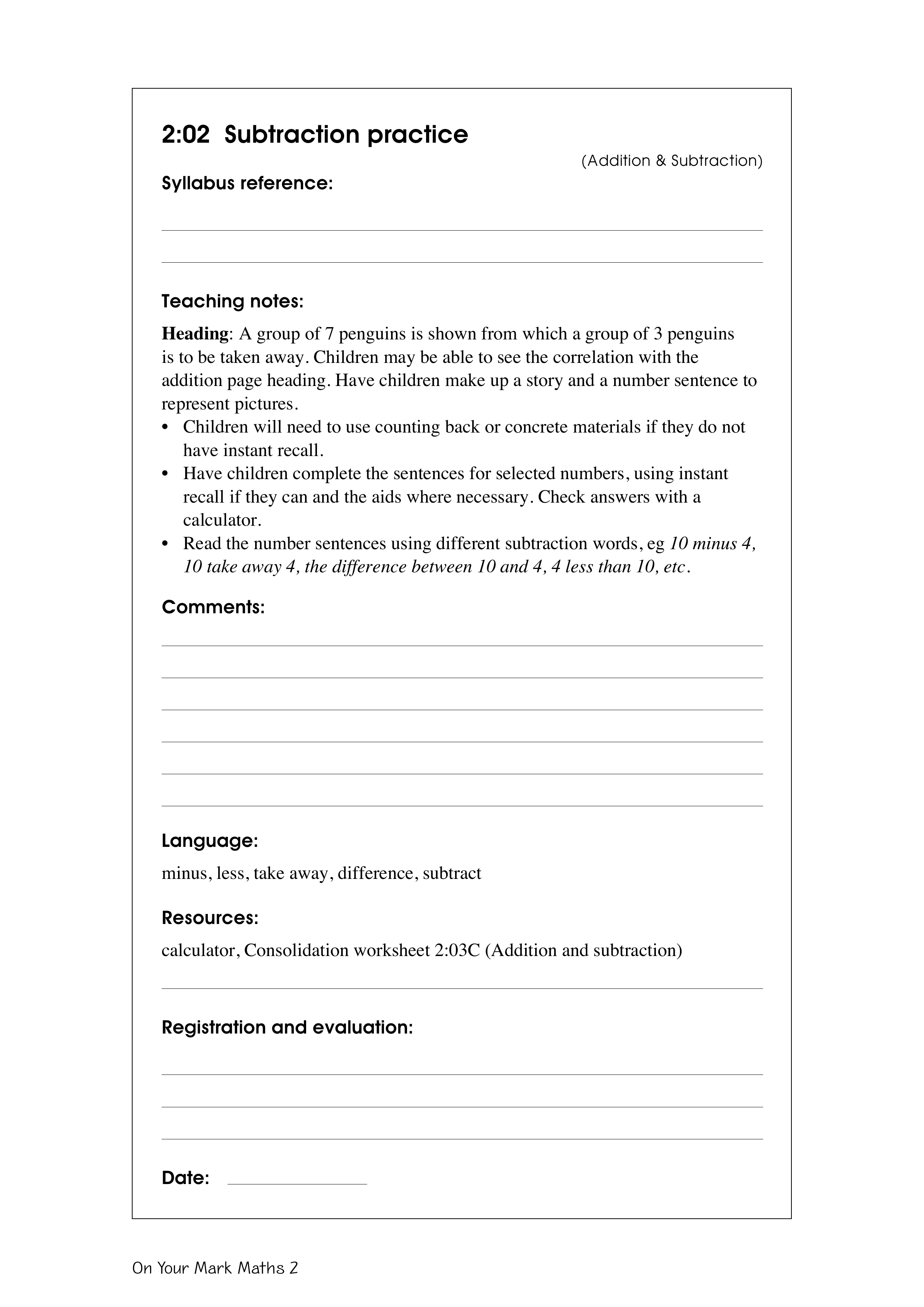 Subtraction practice — worksheet preview
