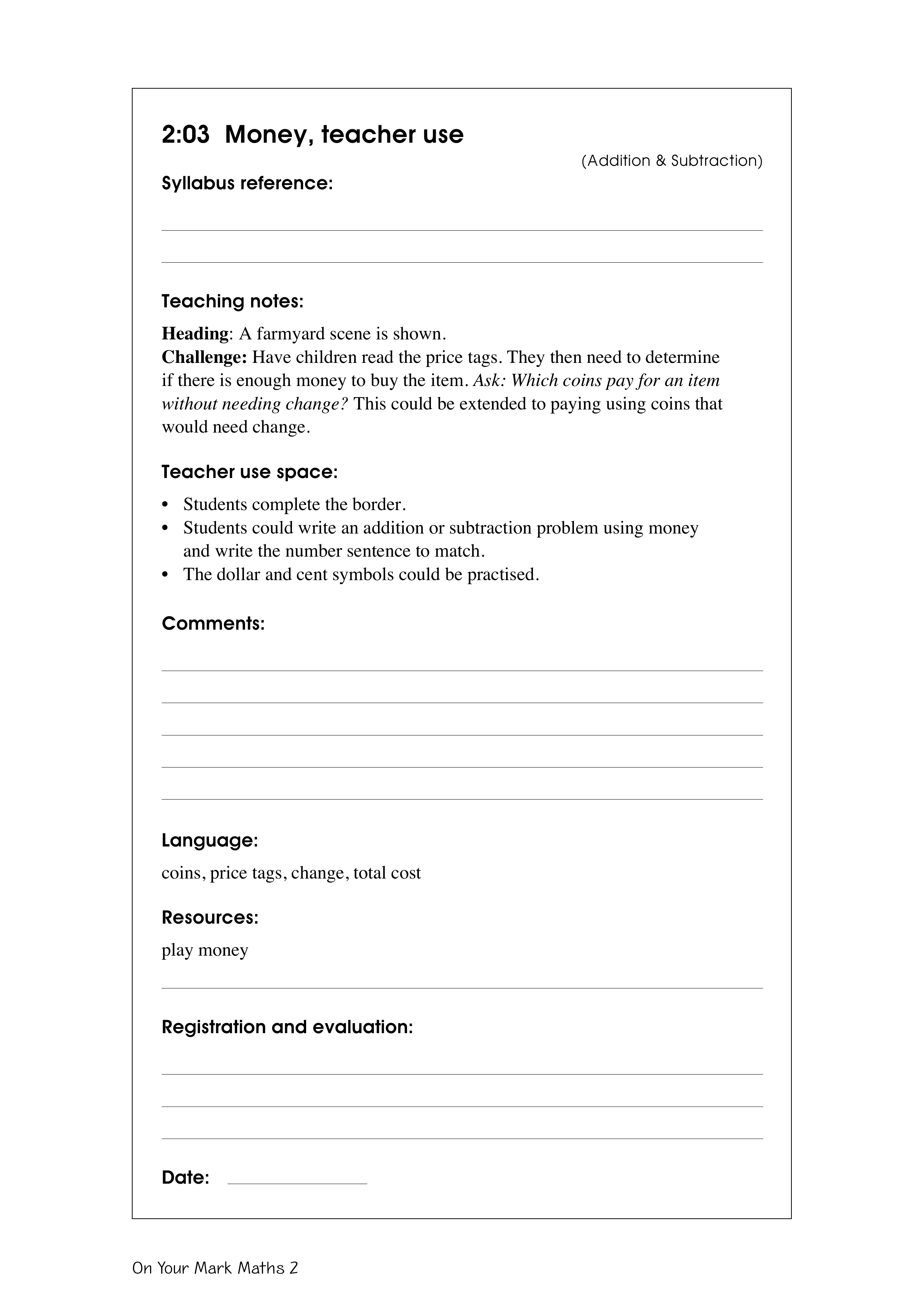 Money, teacher use — worksheet preview