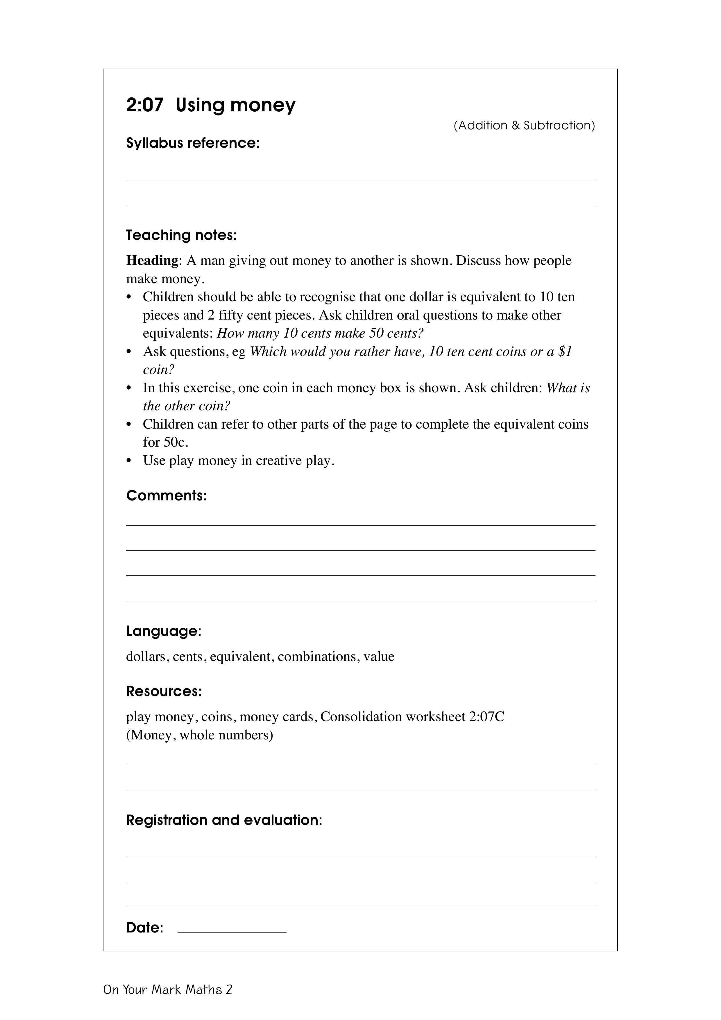 Using money — worksheet preview