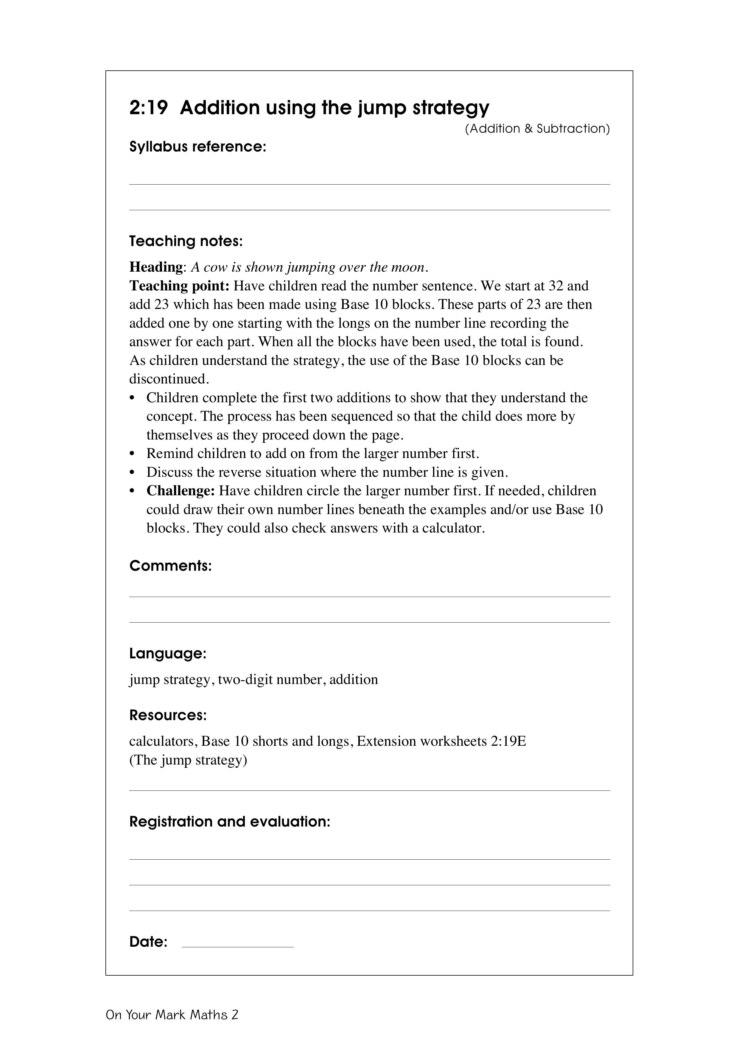 Addition using the jump strategy — worksheet preview