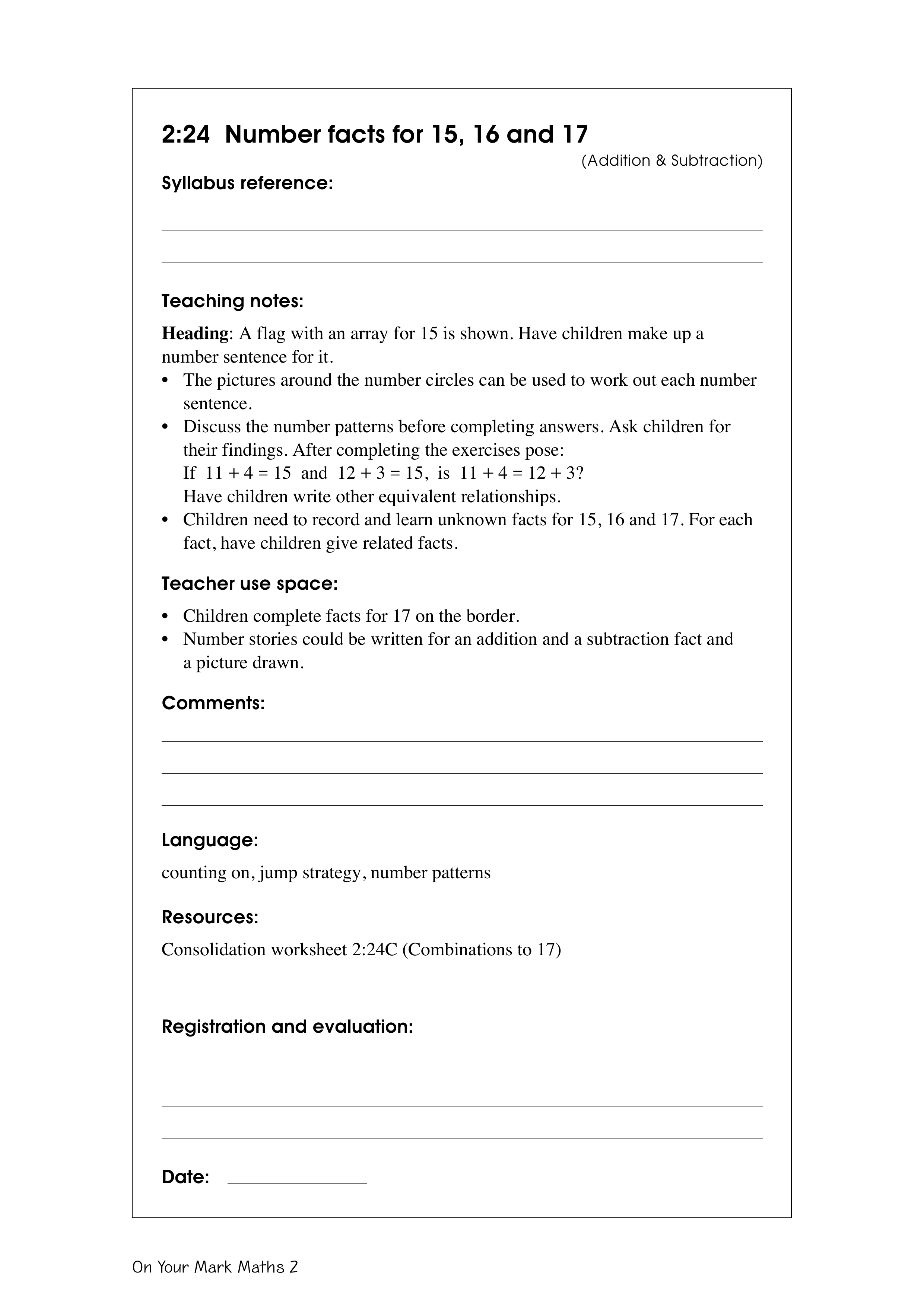 Number facts for 15, 16 and 17 — worksheet preview