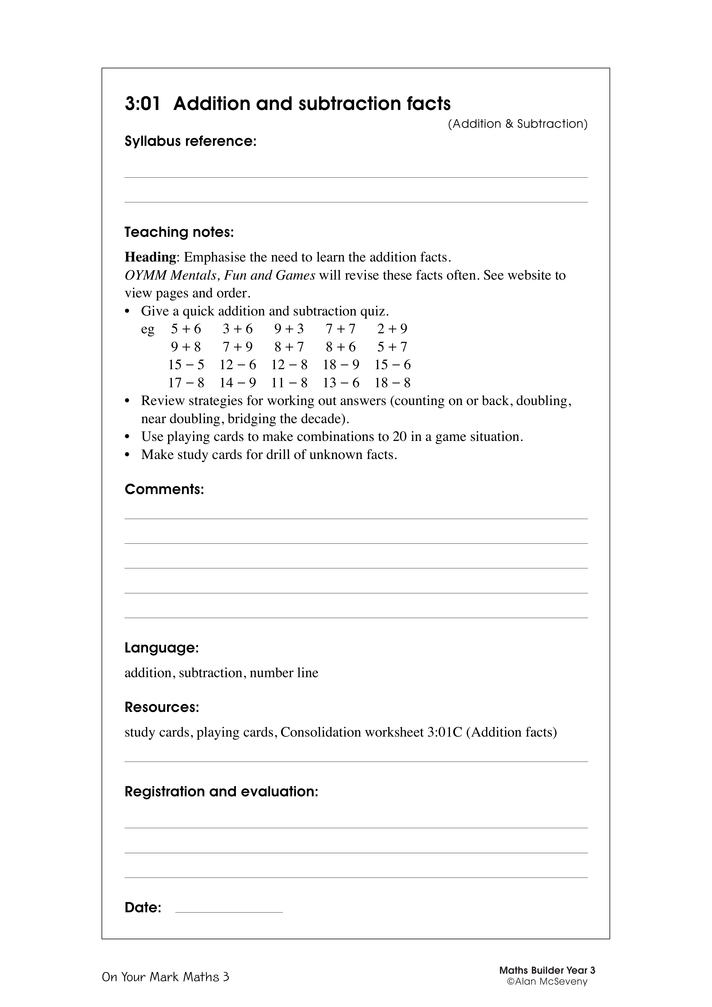 Addition and subtraction facts — worksheet preview