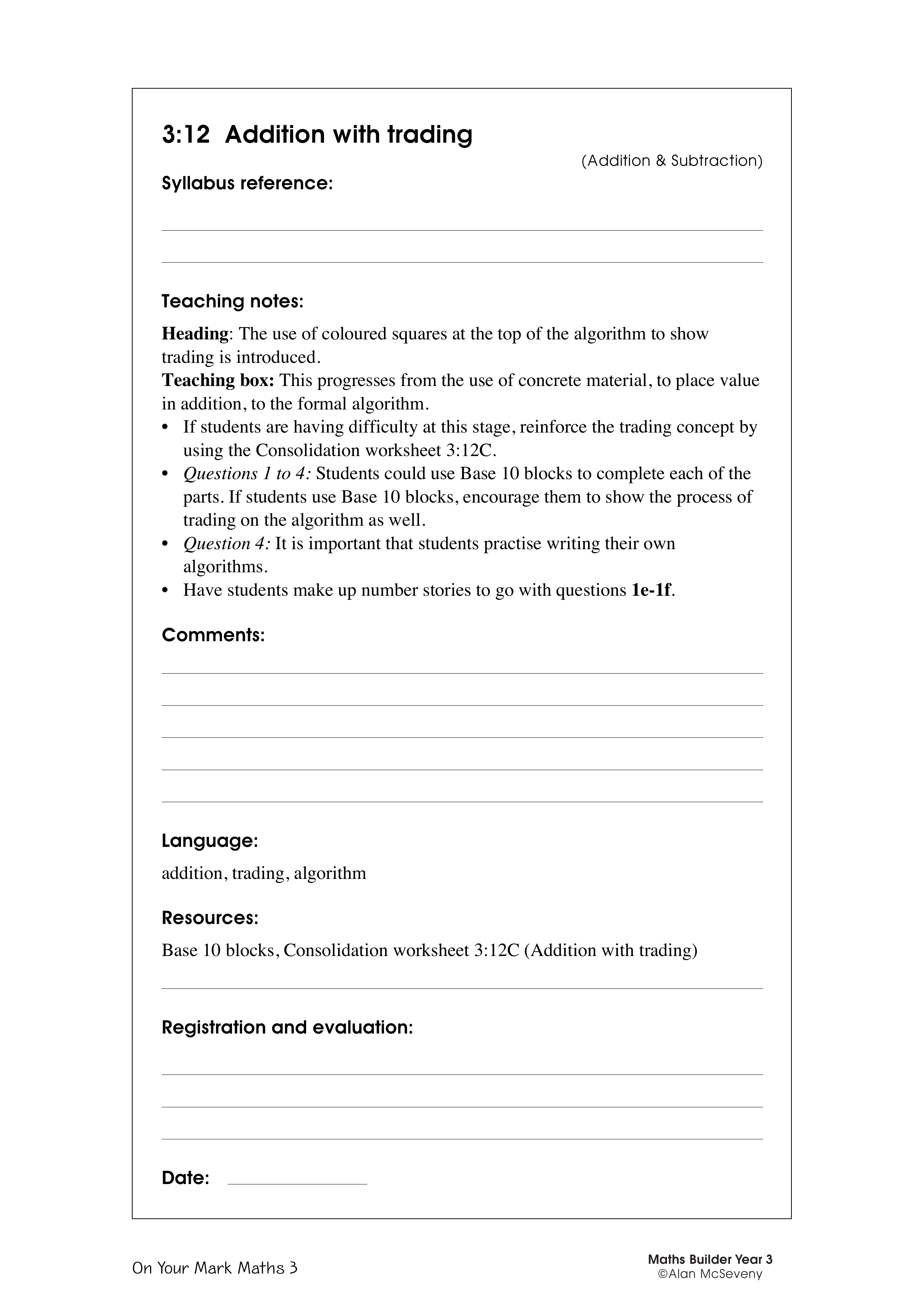 Addition with trading — worksheet preview