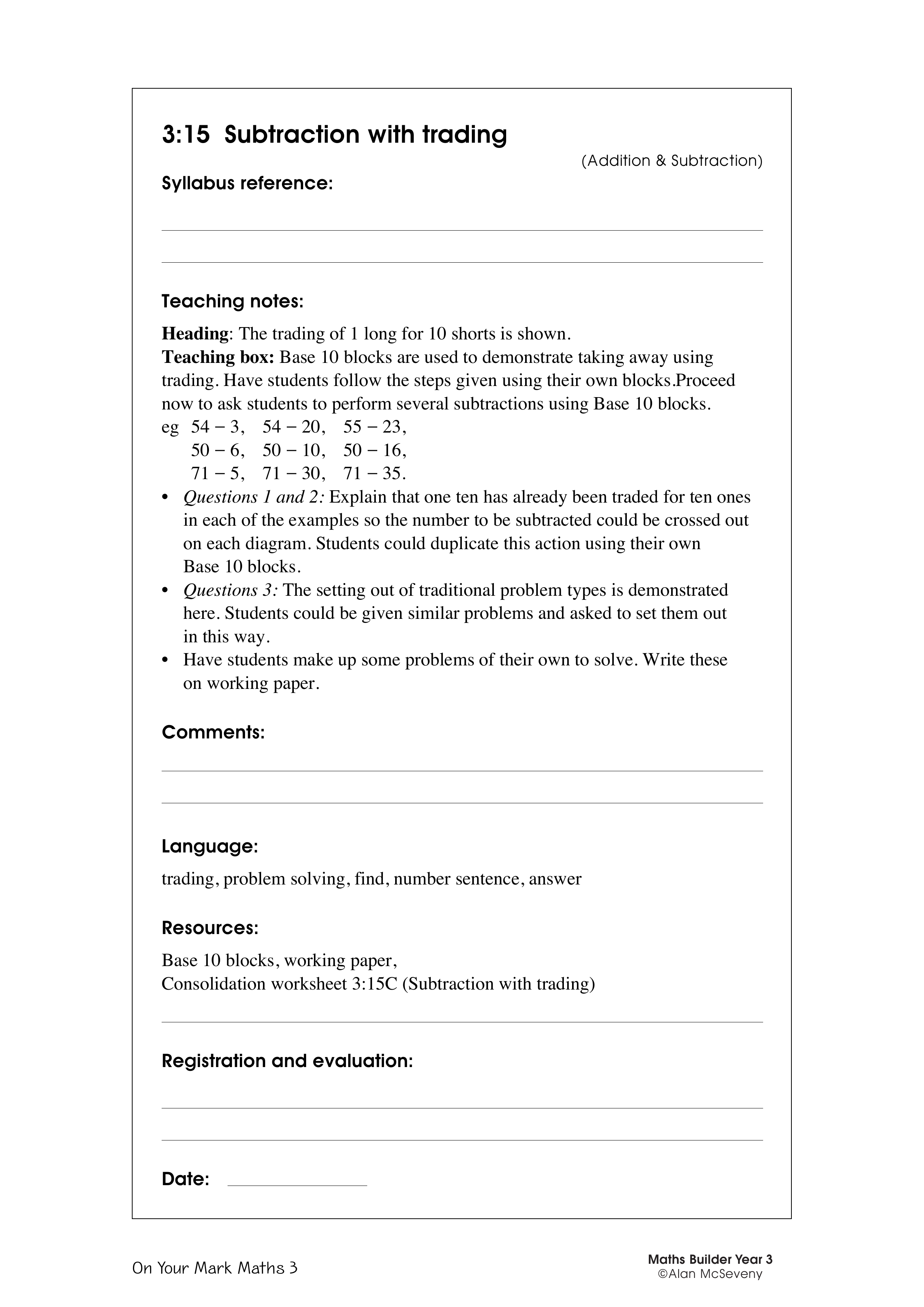 Subtraction with trading — worksheet preview