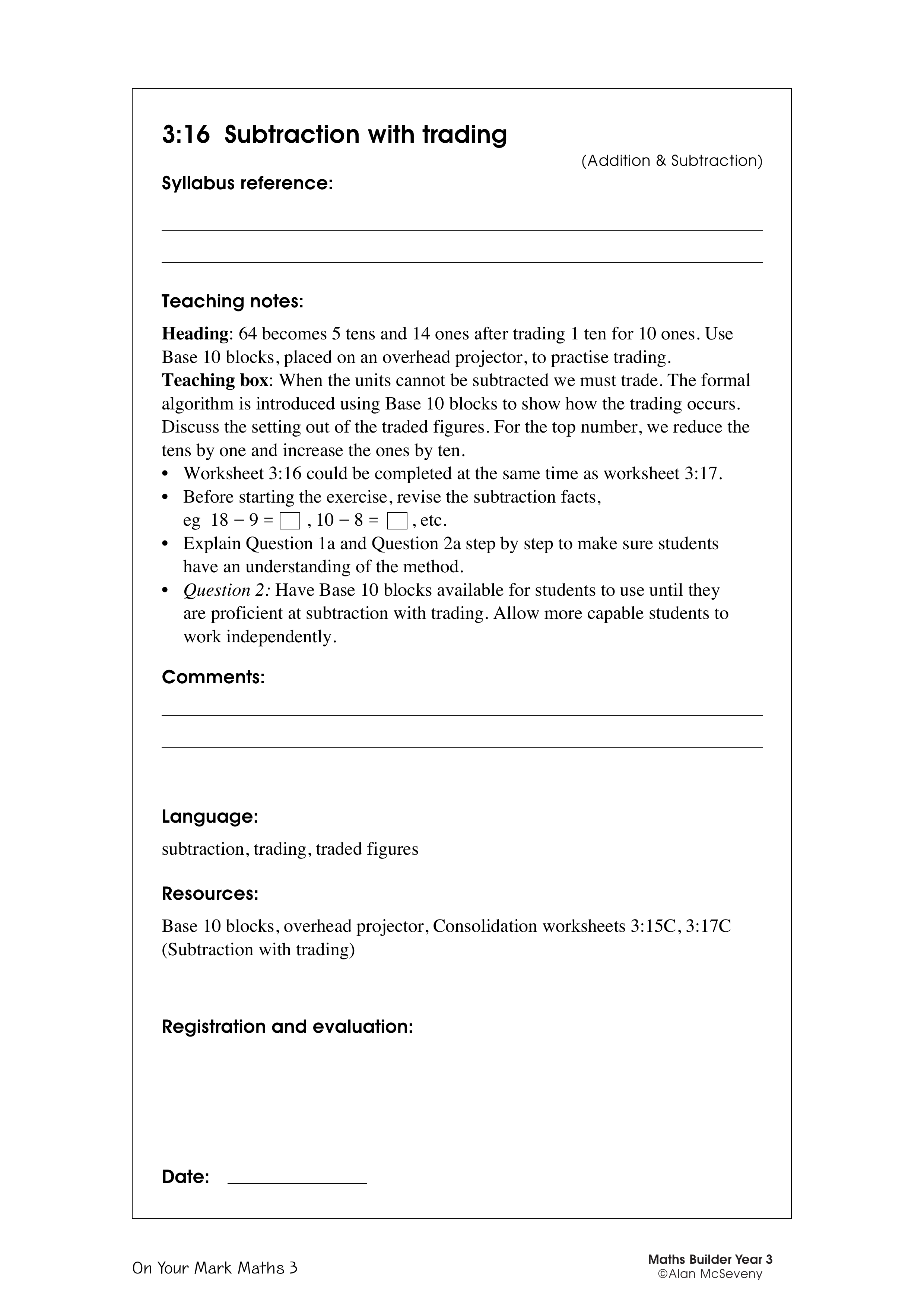 Subtraction with trading — worksheet preview