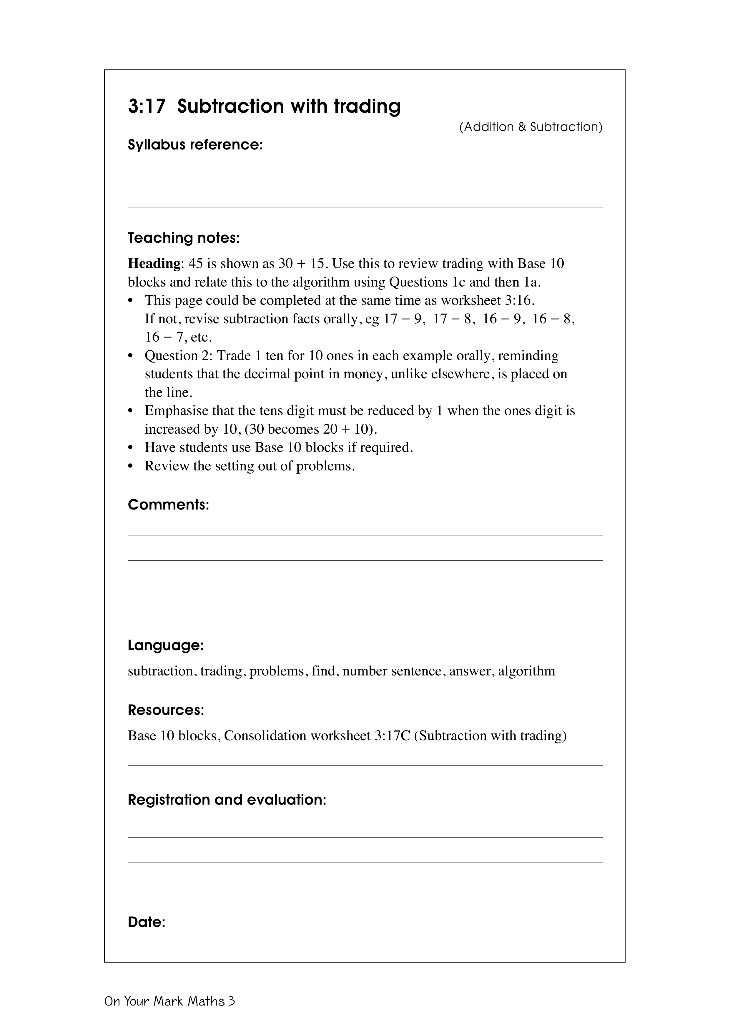 Subtraction with trading — worksheet preview