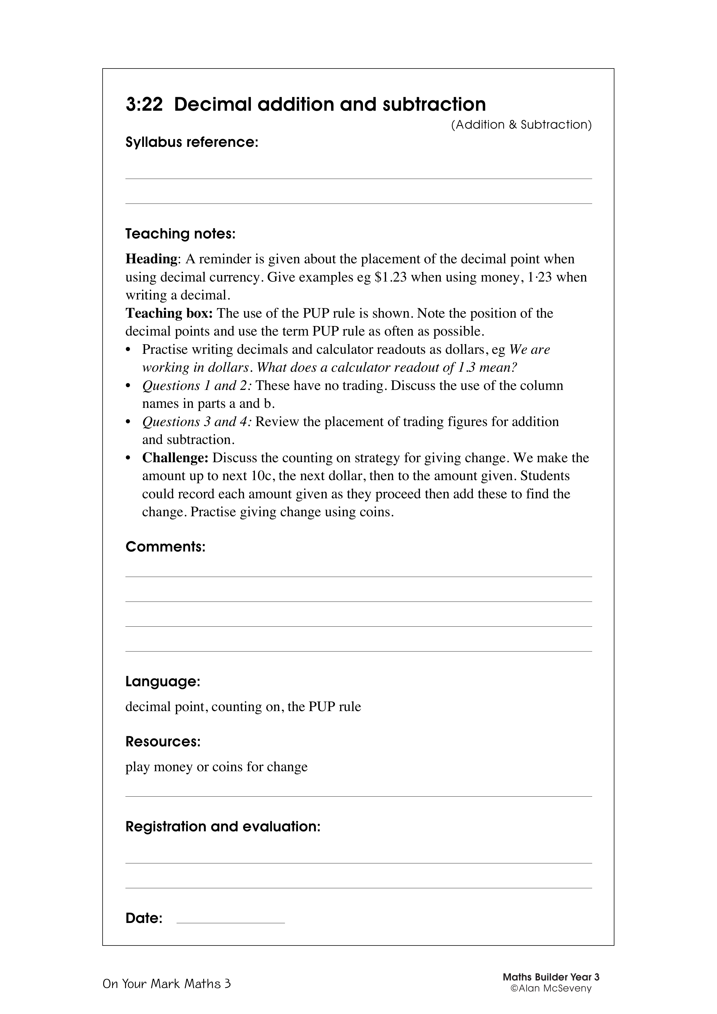 Decimal addition and subtraction — worksheet preview