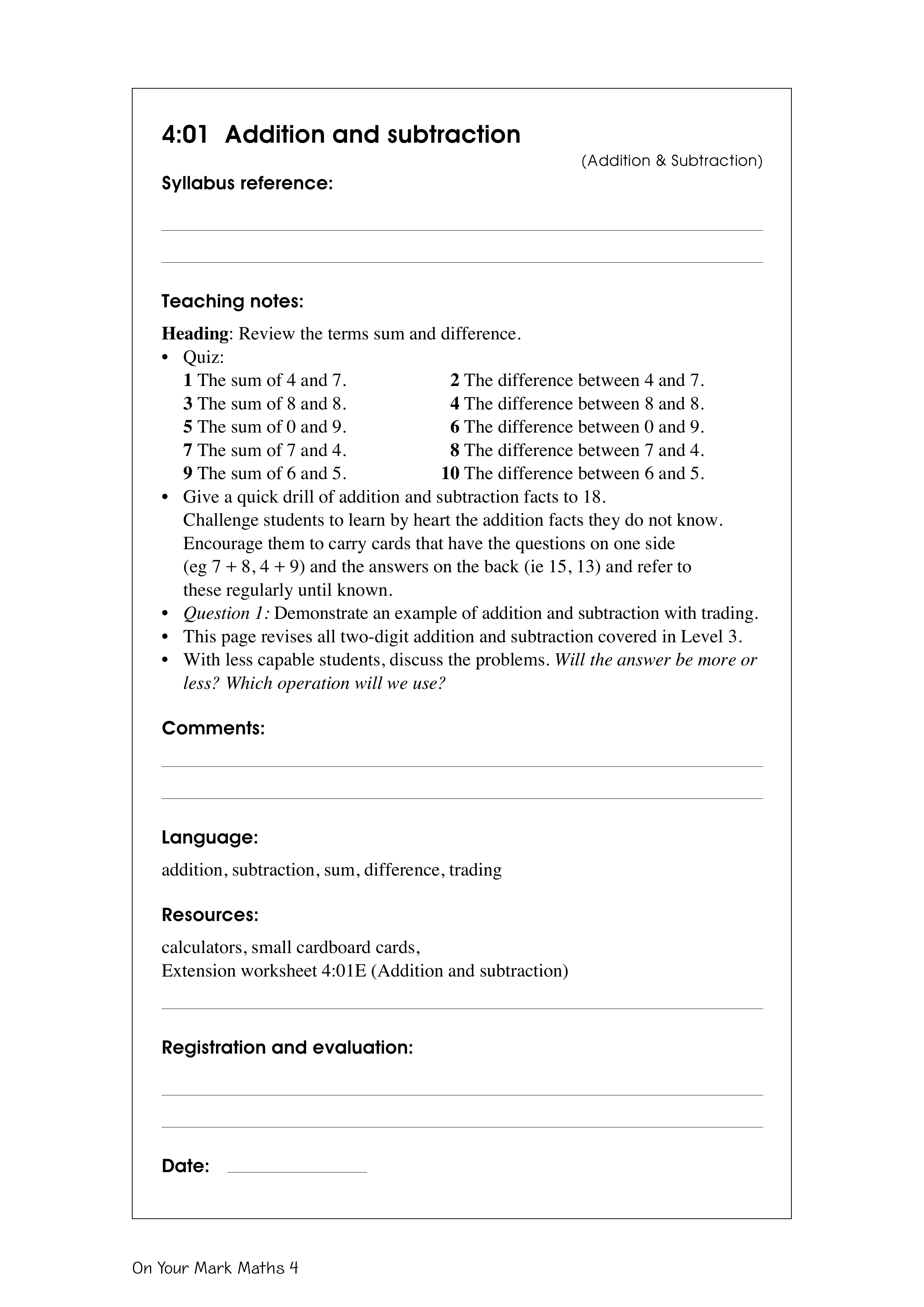 Addition and subtraction — worksheet preview