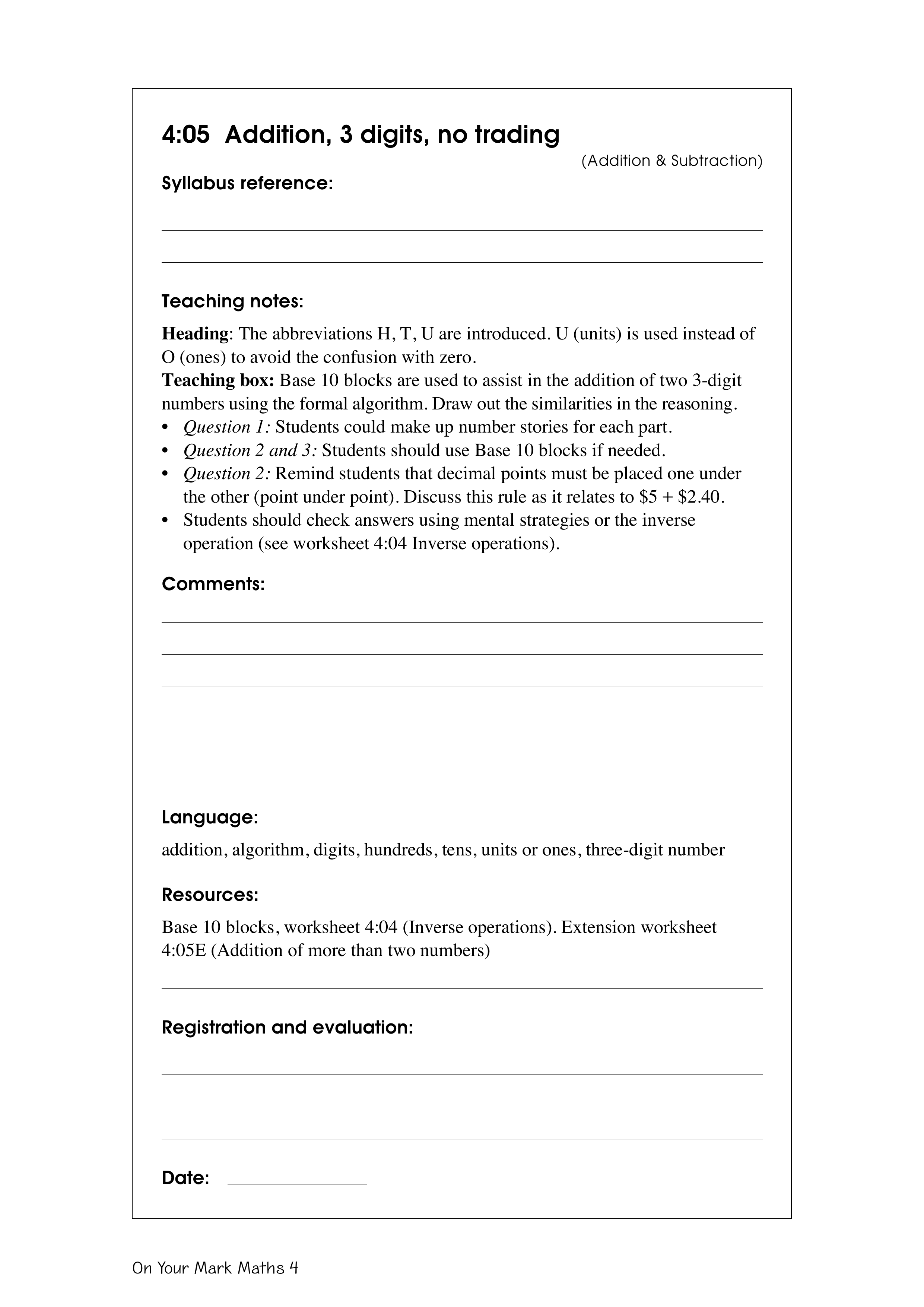 Addition, 3 digits, no trading — worksheet preview