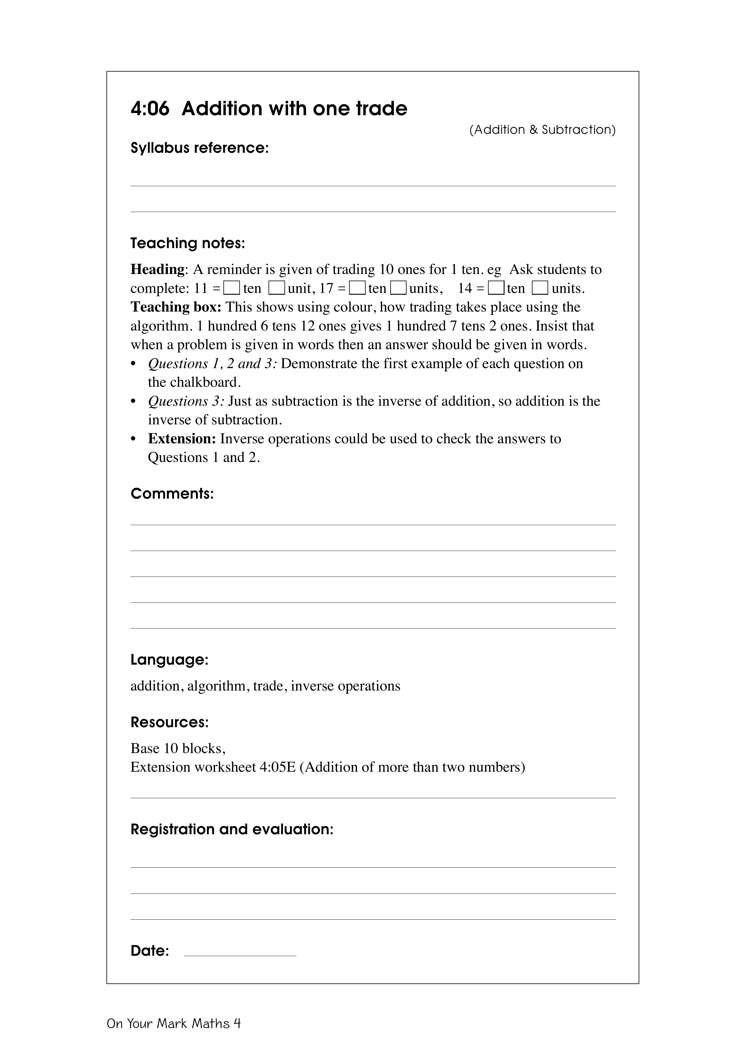 Addition with one trade — worksheet preview